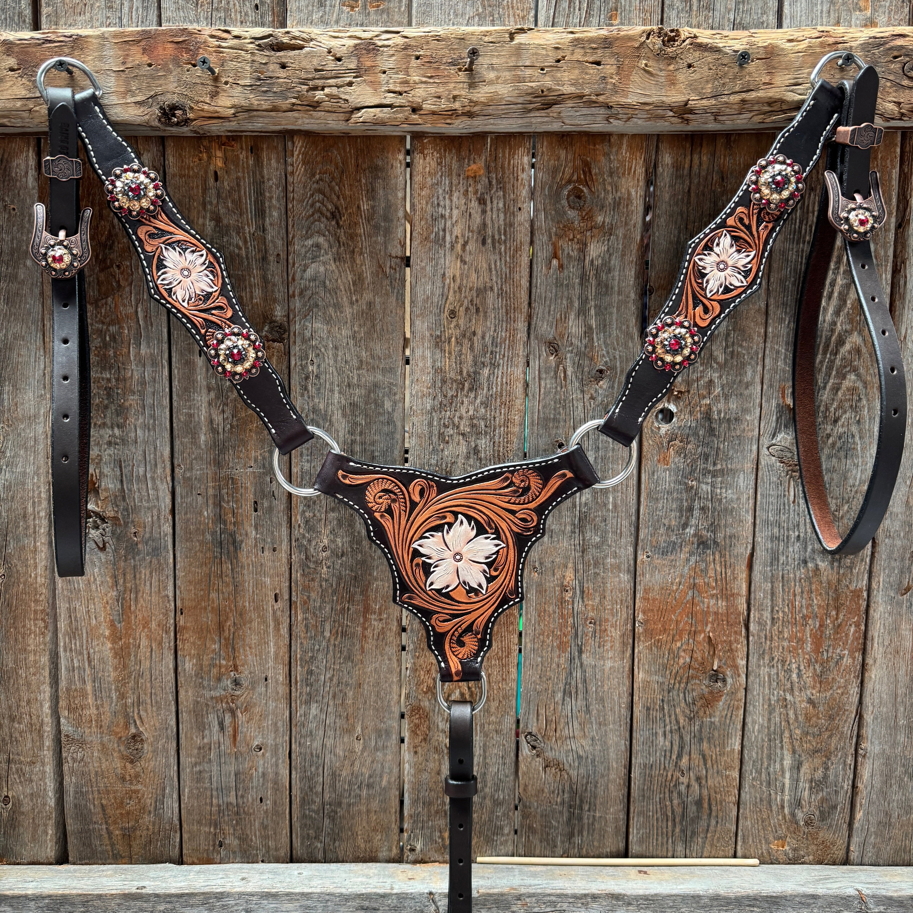 Triple Tone Floral Ruby, Jet and Champagne Browband - Triangle / Gladiator Breastcollar Tack Set #BBBC451 — view 6