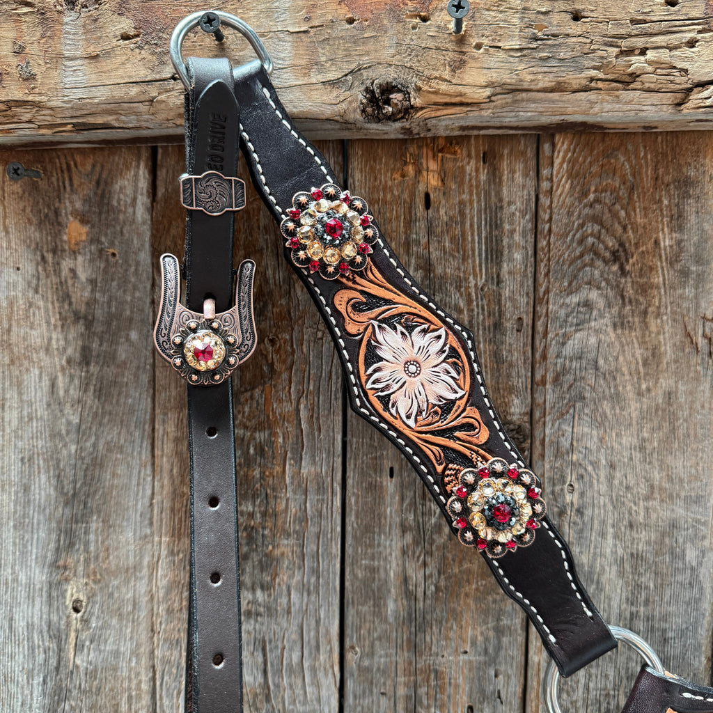 Triple Tone Floral Ruby, Jet and Champagne Browband - Triangle / Gladiator Breastcollar Tack Set #BBBC451 — view 7