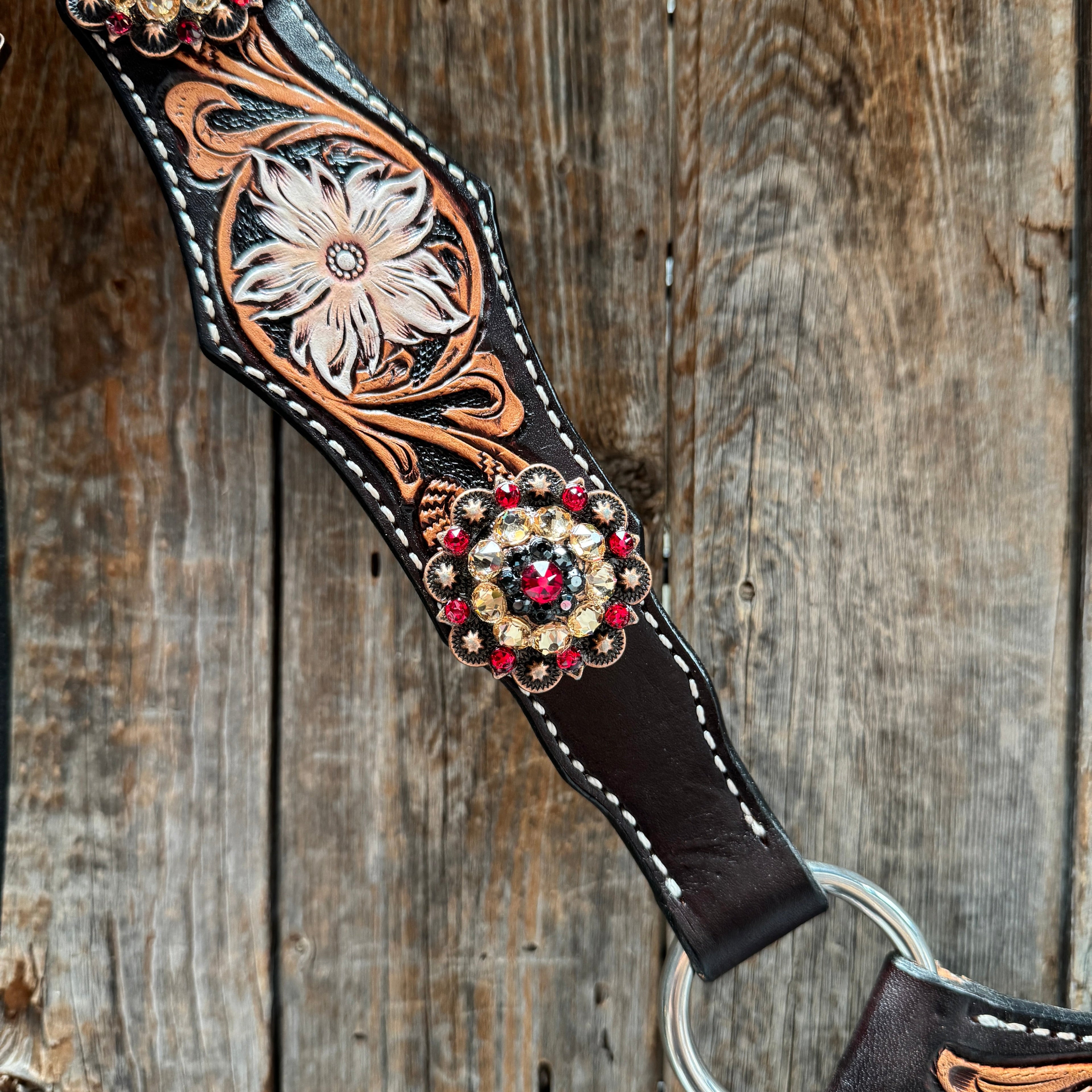 Triple Tone Floral Ruby, Jet and Champagne Browband - Triangle / Gladiator Breastcollar Tack Set #BBBC451 — view 8