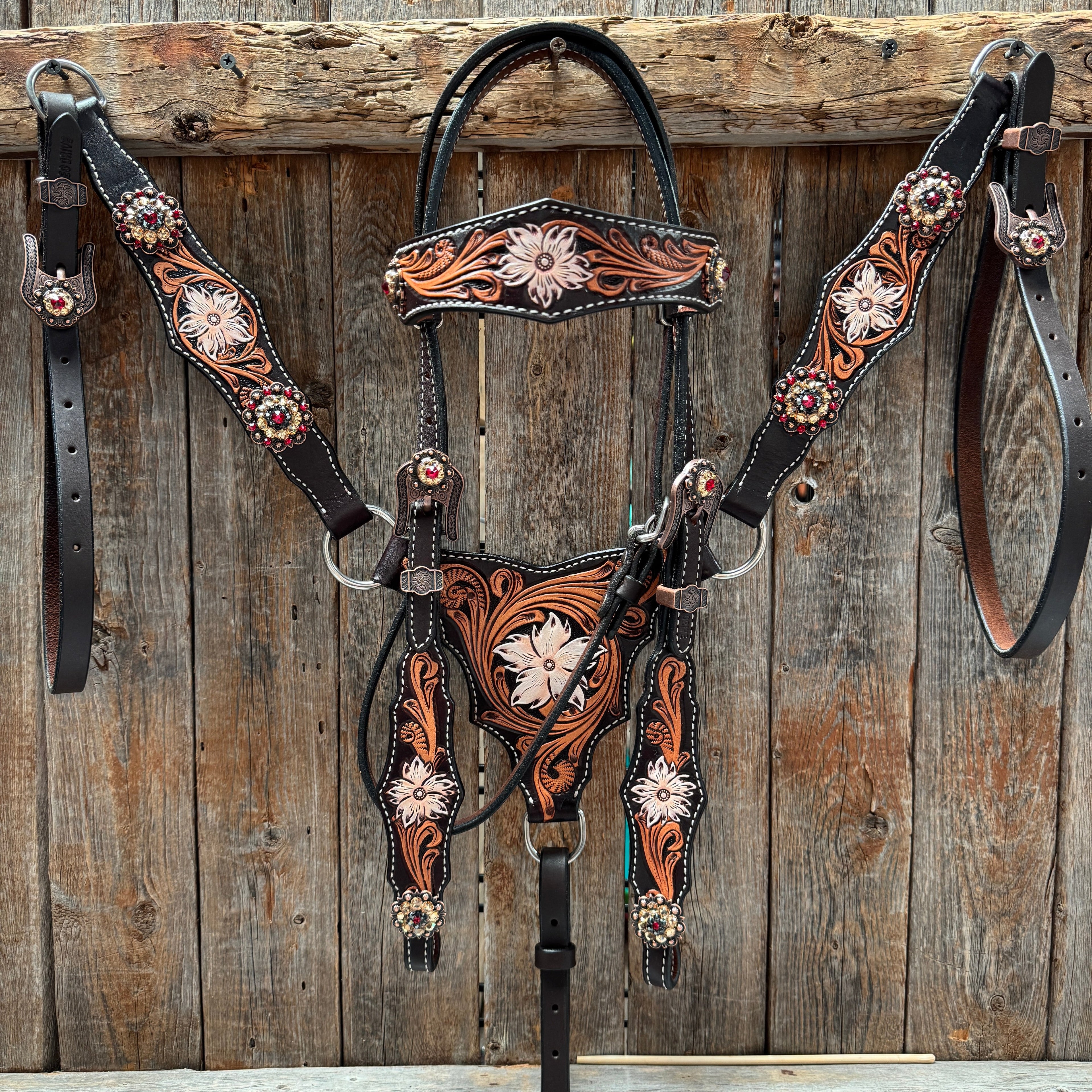 Triple Tone Floral Ruby, Jet and Champagne Browband - Triangle / Gladiator Breastcollar Tack Set #BBBC451