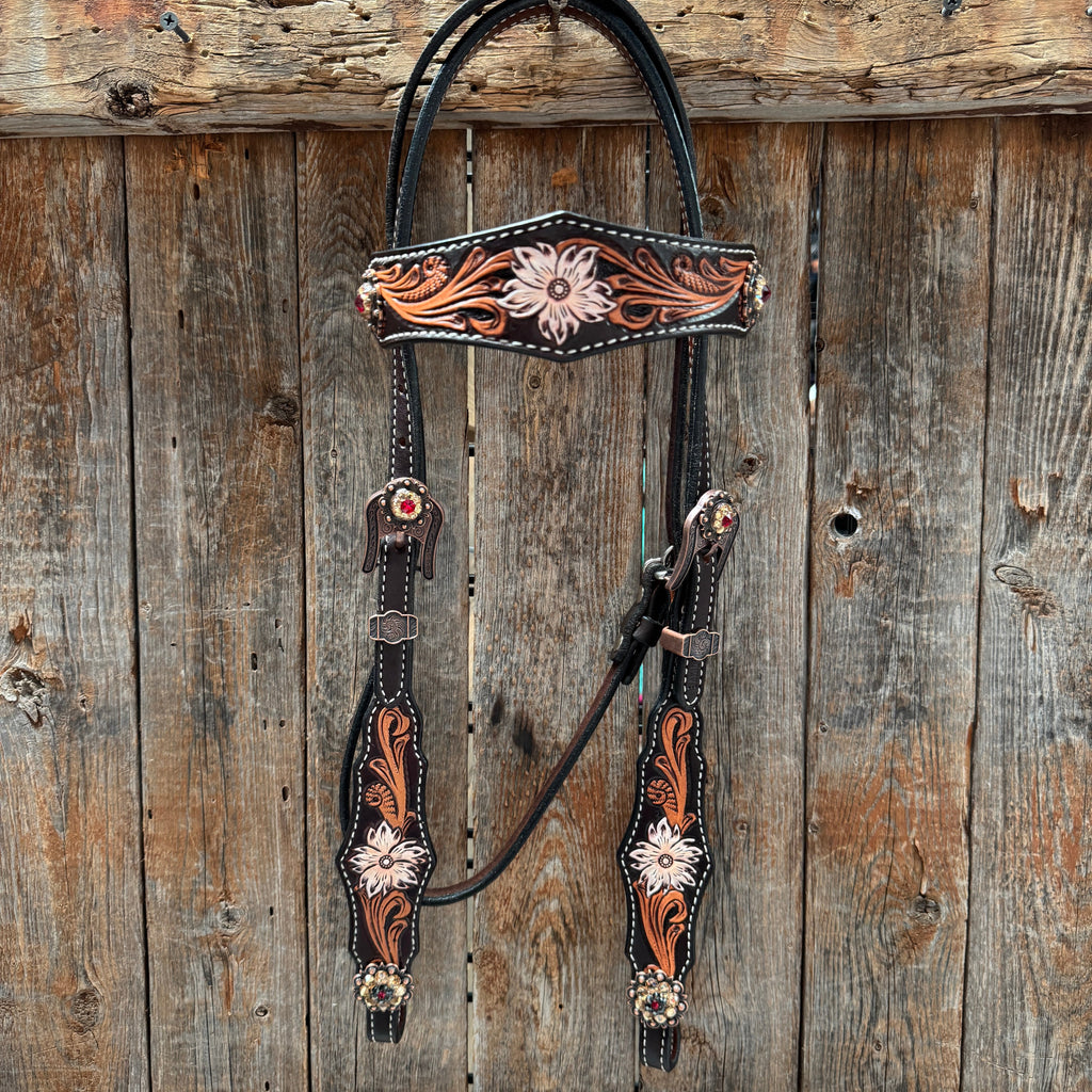 Triple Tone Floral Ruby, Jet and Champagne Browband - Triangle / Gladiator Breastcollar Tack Set #BBBC451 — view 2