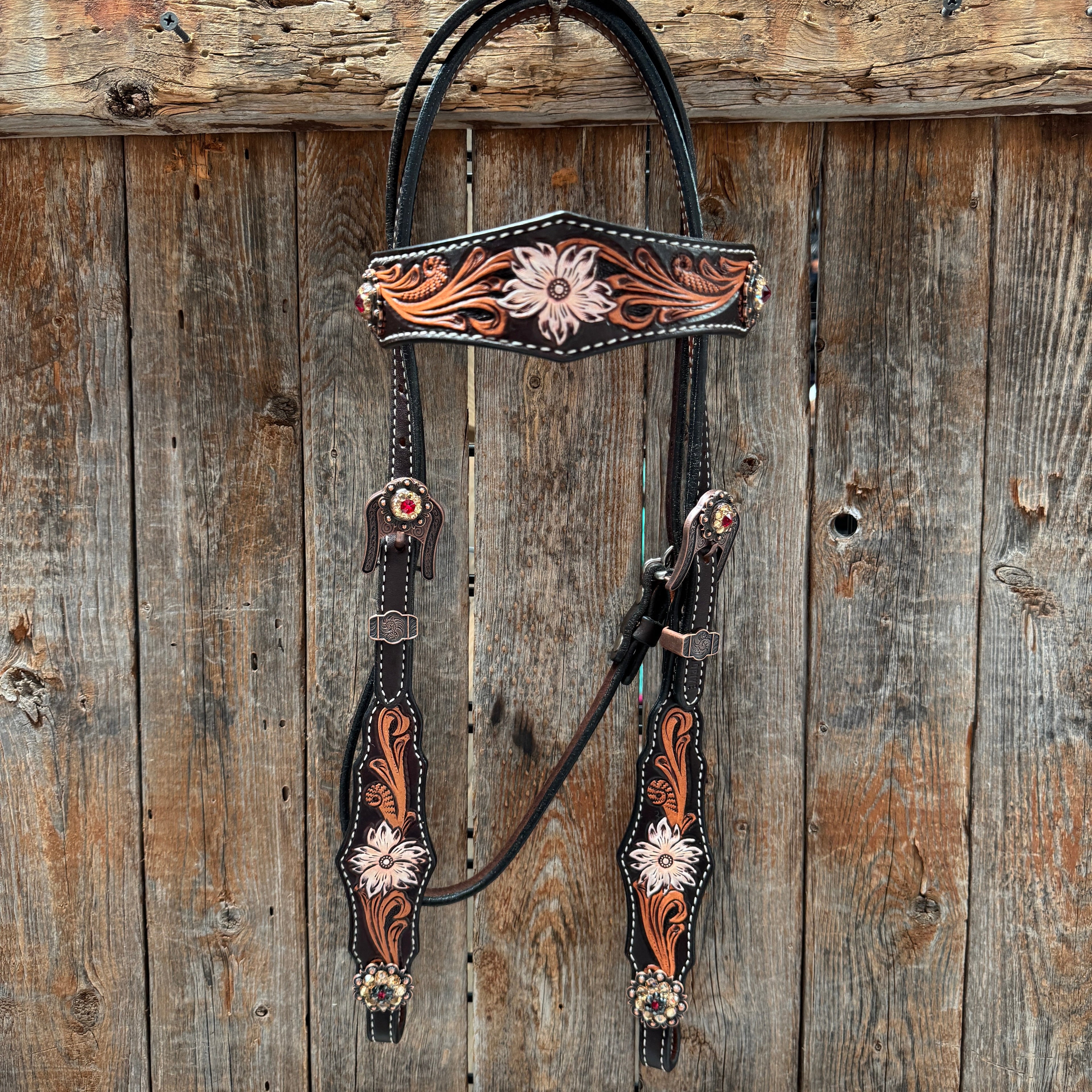 Triple Tone Floral Ruby, Jet and Champagne Browband - Triangle / Gladiator Breastcollar Tack Set #BBBC451 — view 2