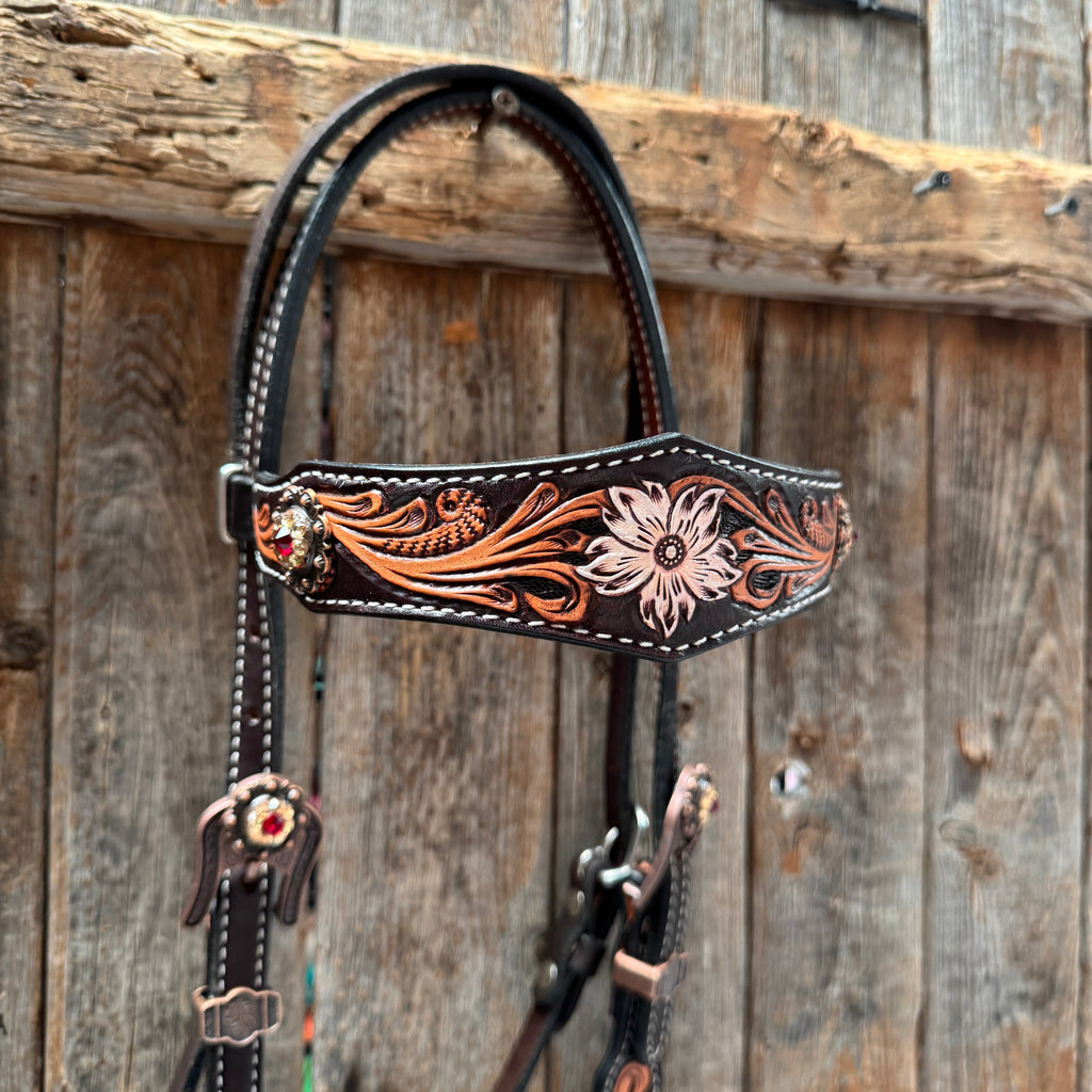 Triple Tone Floral Ruby, Jet and Champagne Browband - Triangle / Gladiator Breastcollar Tack Set #BBBC451 — view 3