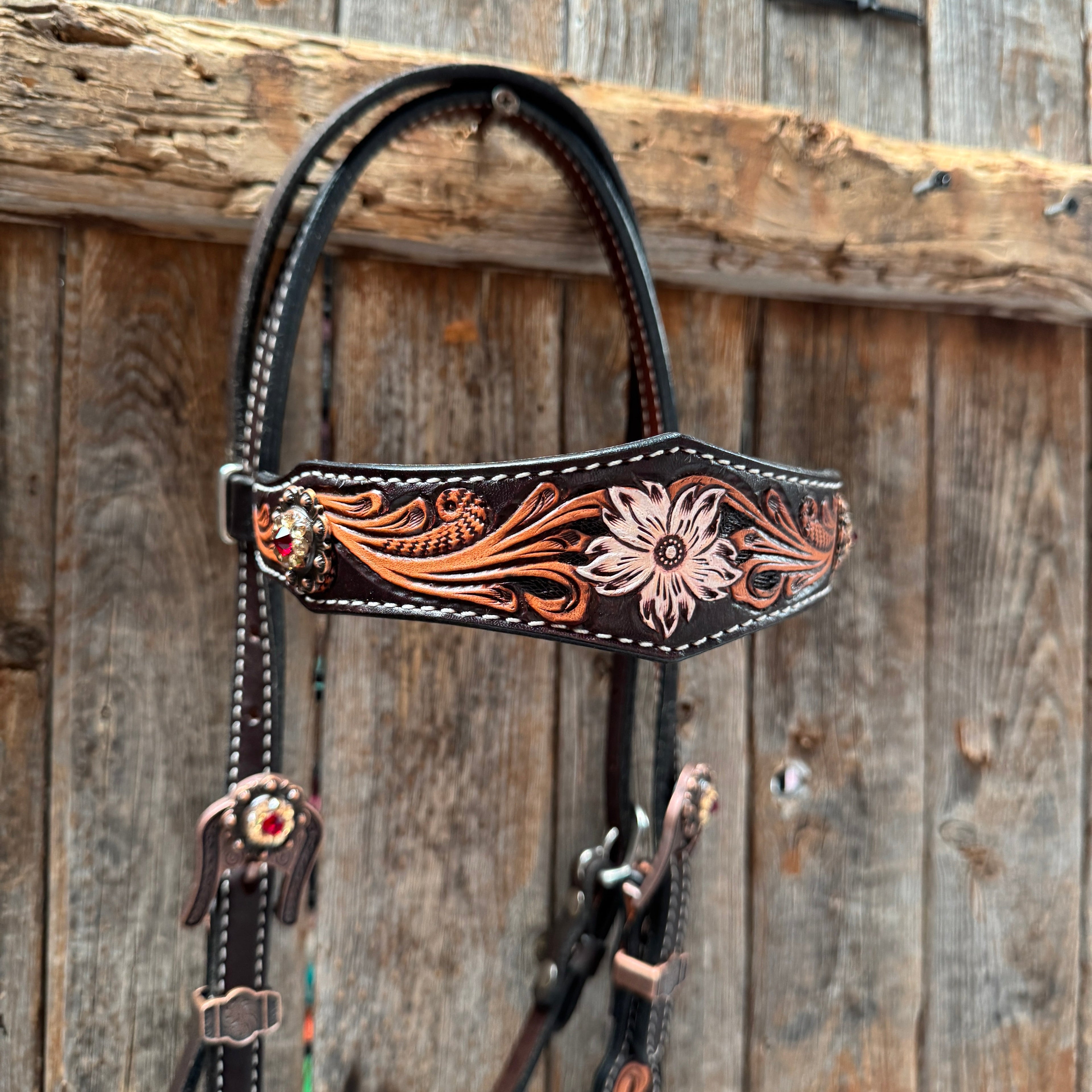 Triple Tone Floral Ruby, Jet and Champagne Browband - Triangle / Gladiator Breastcollar Tack Set #BBBC451 — view 3