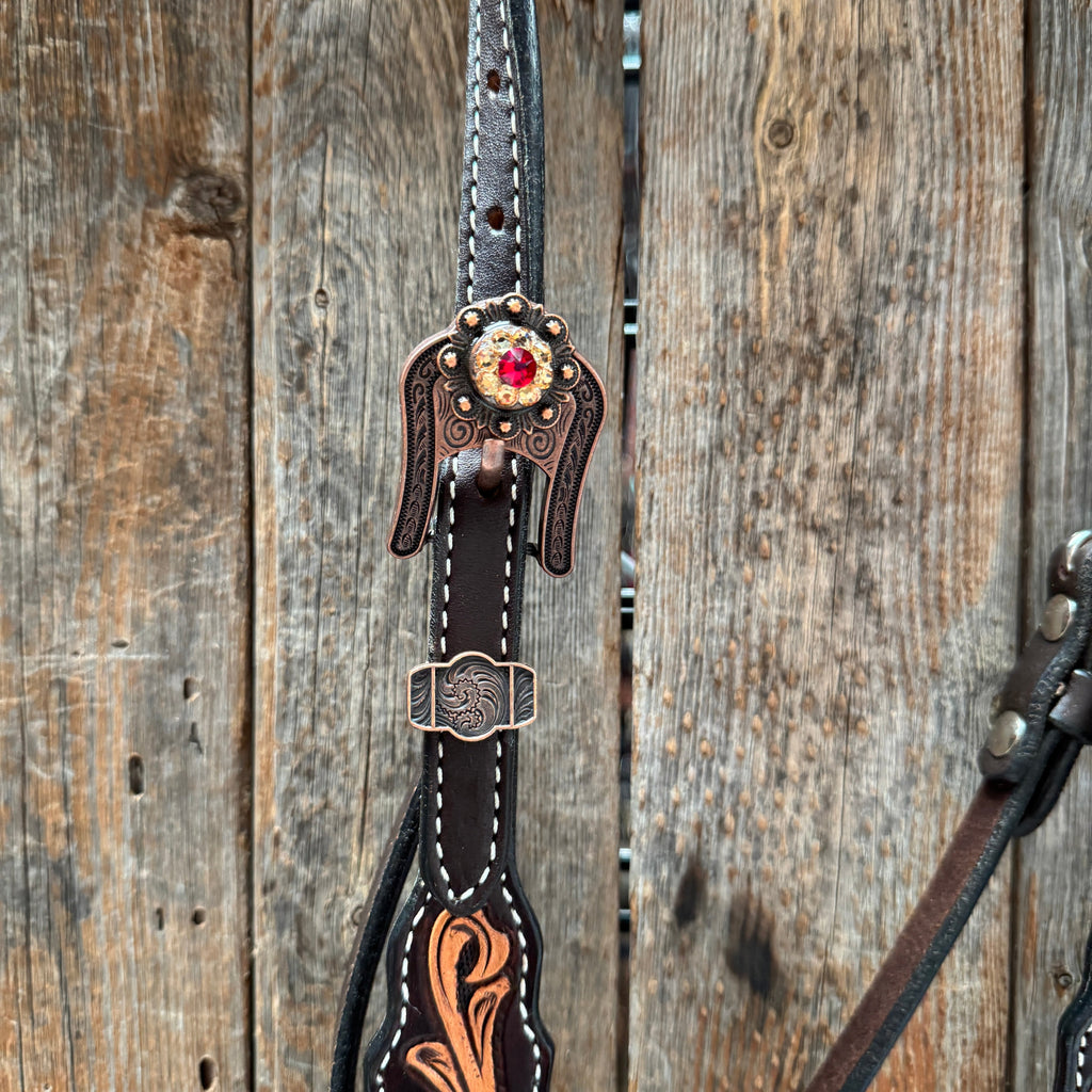 Triple Tone Floral Ruby, Jet and Champagne Browband - Triangle / Gladiator Breastcollar Tack Set #BBBC451 — view 4