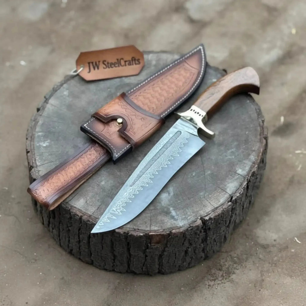 Handmade San Mai Damascus Bowie Knife 9-Inch Laminated Blade with Rosewood Handle