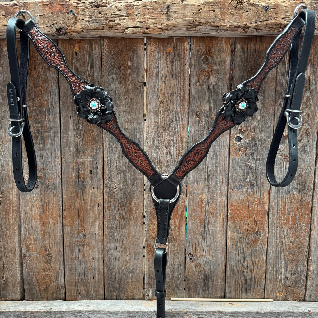 Teal Diamond Turquoise and Clear One Ear - Breastcollar Tack Set #OEBC452 — view 2