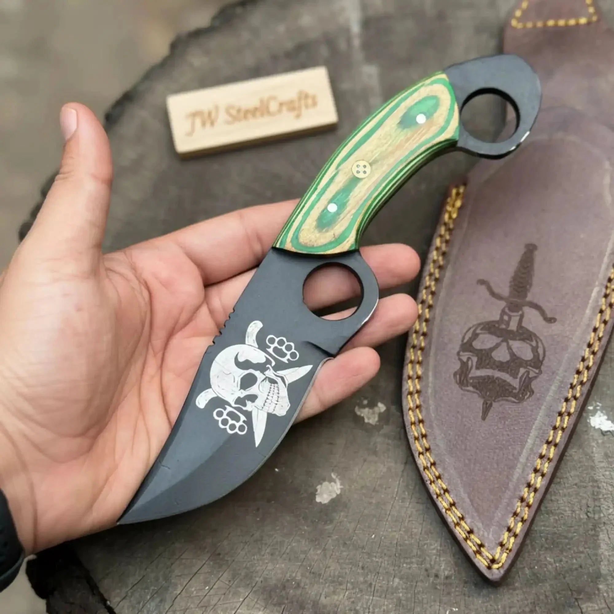 Handmade Karambit Utility Knife 7.5-Inch Curved Blade with Green Pakka Wood Handle