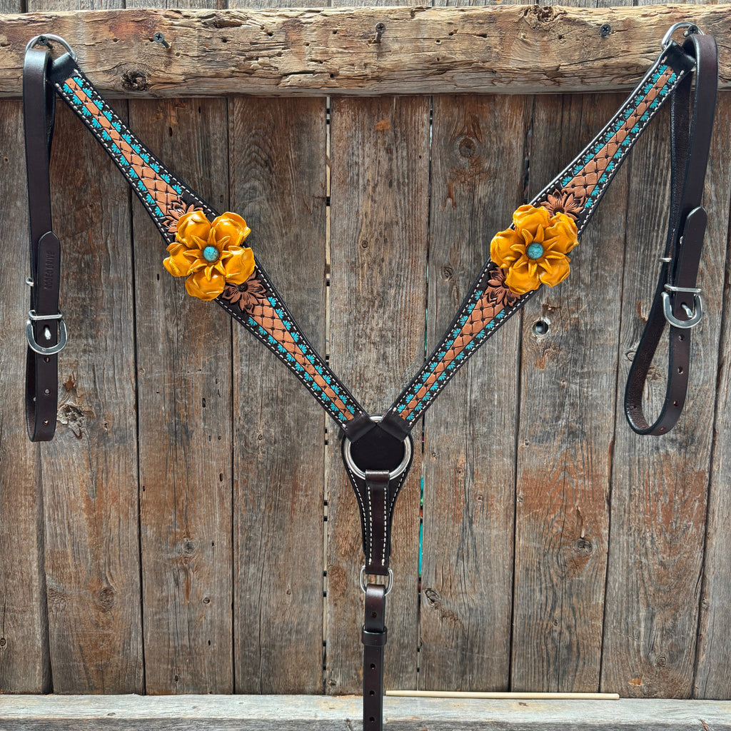 Multi Flower Gardenia & Turquoise One Ear - Breastcollar Tack Set #OEBC455 — view 5