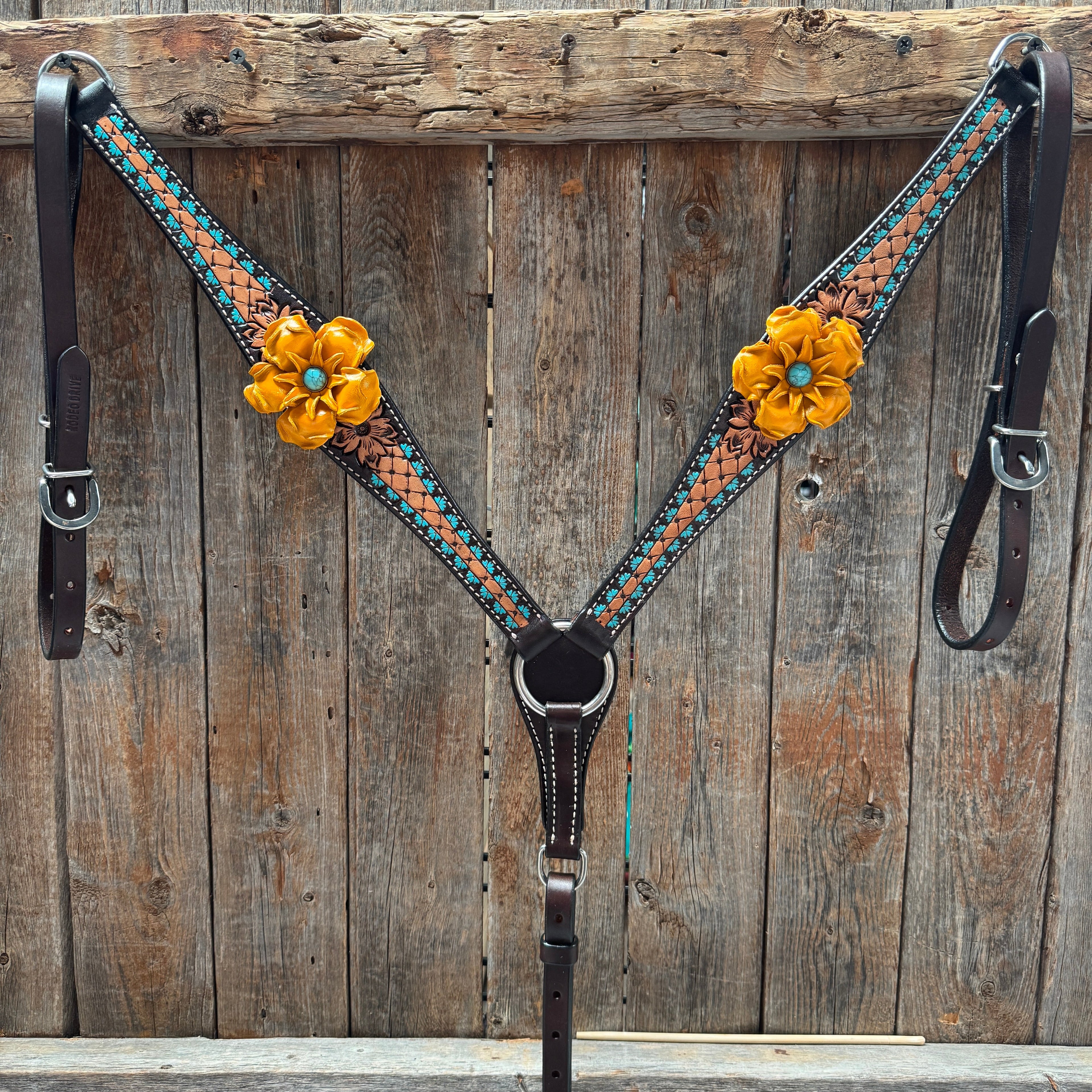 Multi Flower Gardenia & Turquoise One Ear - Breastcollar Tack Set #OEBC455 — view 5