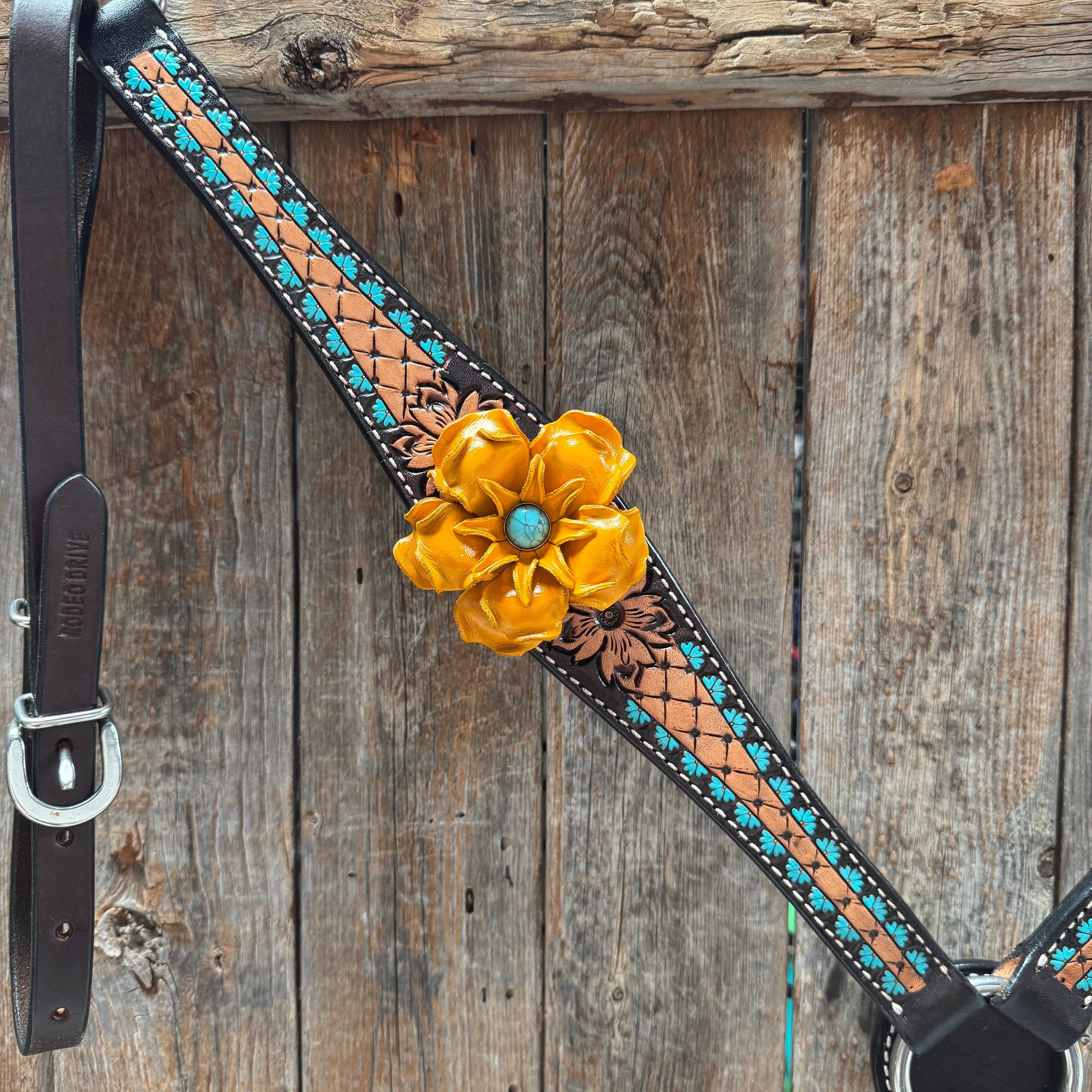 Multi Flower Gardenia & Turquoise One Ear - Breastcollar Tack Set #OEBC455 — view 6