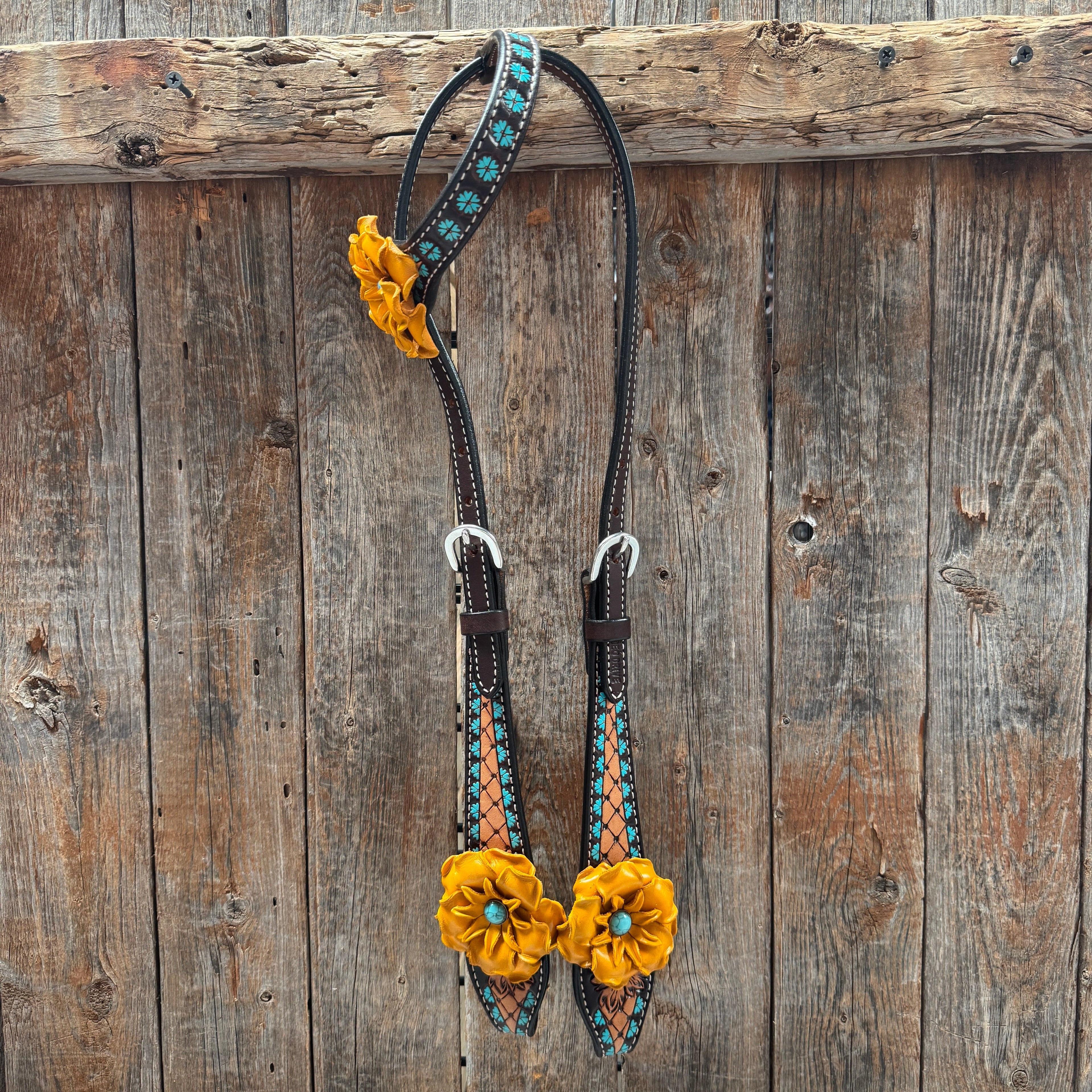 Multi Flower Gardenia & Turquoise One Ear - Breastcollar Tack Set #OEBC455 — view 2