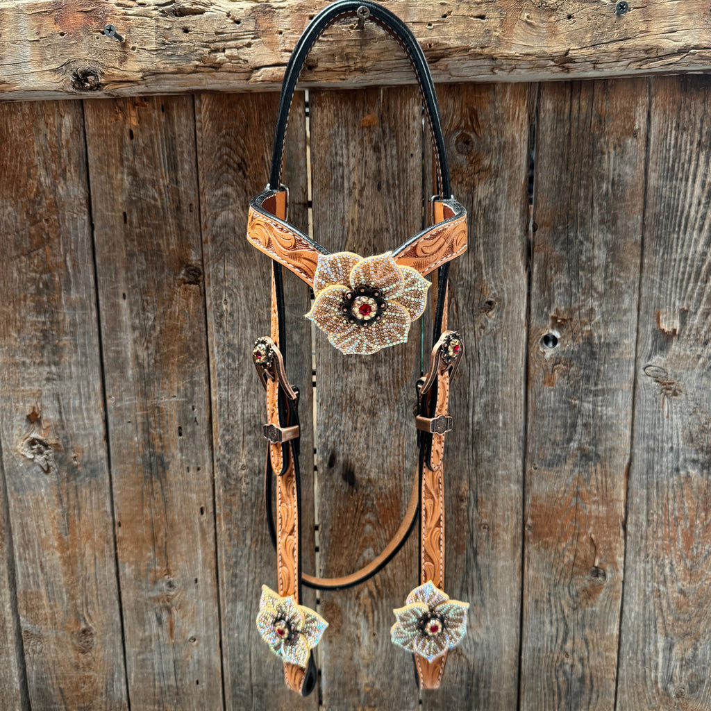 Light Oil Floral Tooled Ruby and Champagne Browband & Breastcollar Tack Set #BBBC461 — view 2