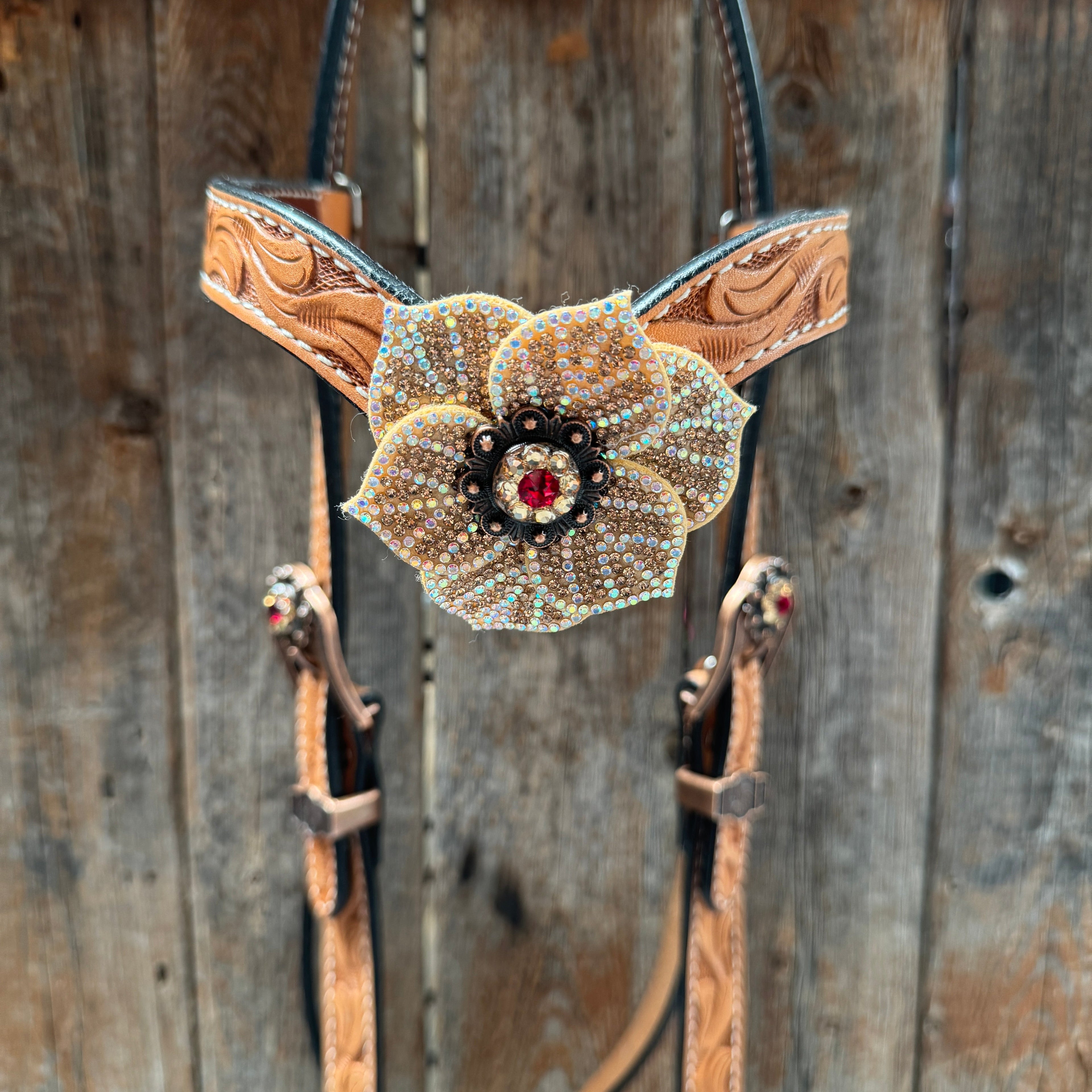 Light Oil Floral Tooled Ruby and Champagne Browband & Breastcollar Tack Set #BBBC461 — view 3