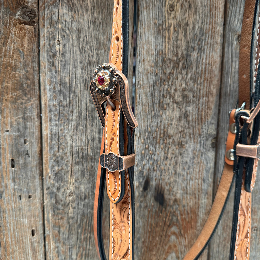 Light Oil Floral Tooled Ruby and Champagne Browband & Breastcollar Tack Set #BBBC461 — view 4
