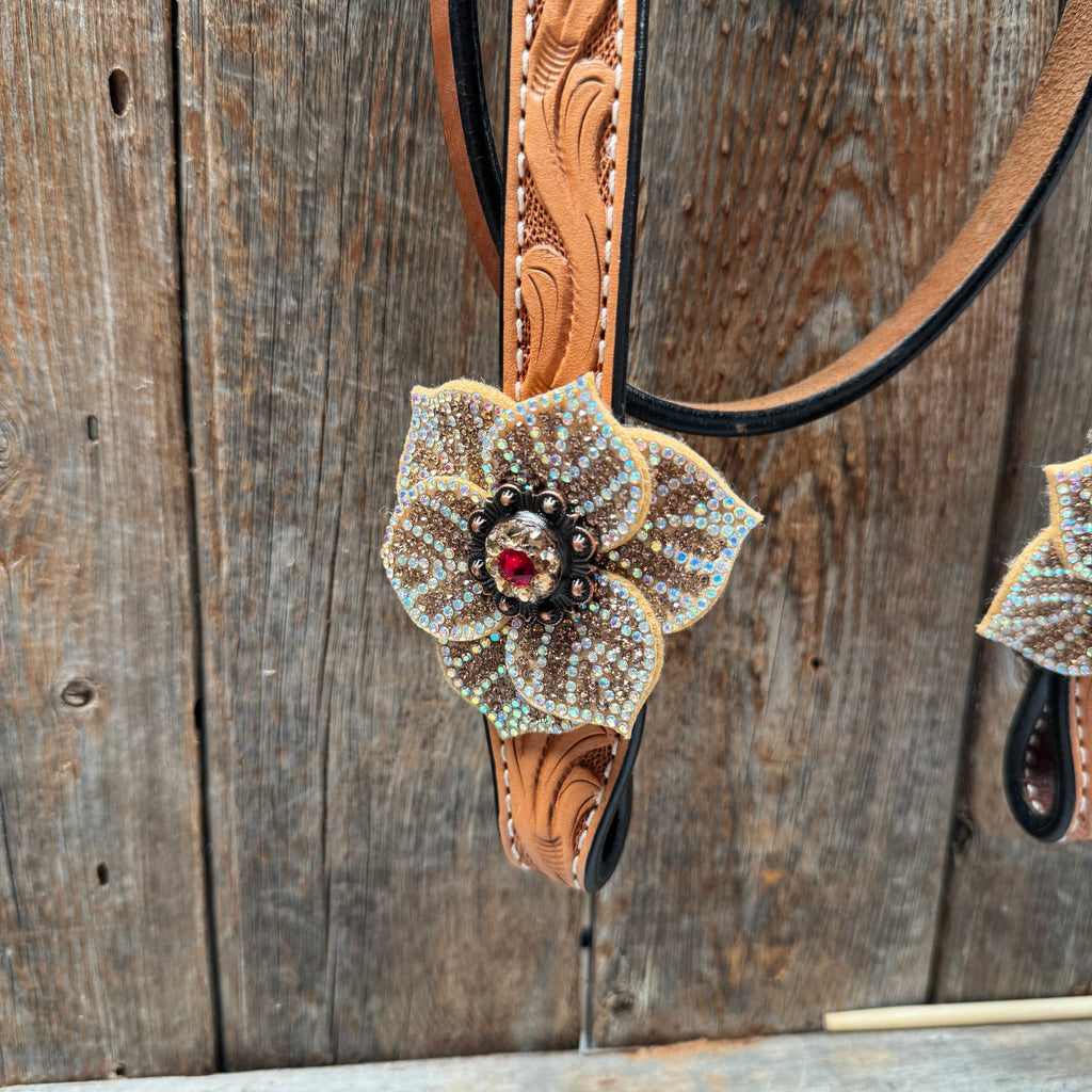 Light Oil Floral Tooled Ruby and Champagne Browband & Breastcollar Tack Set #BBBC461 — view 5