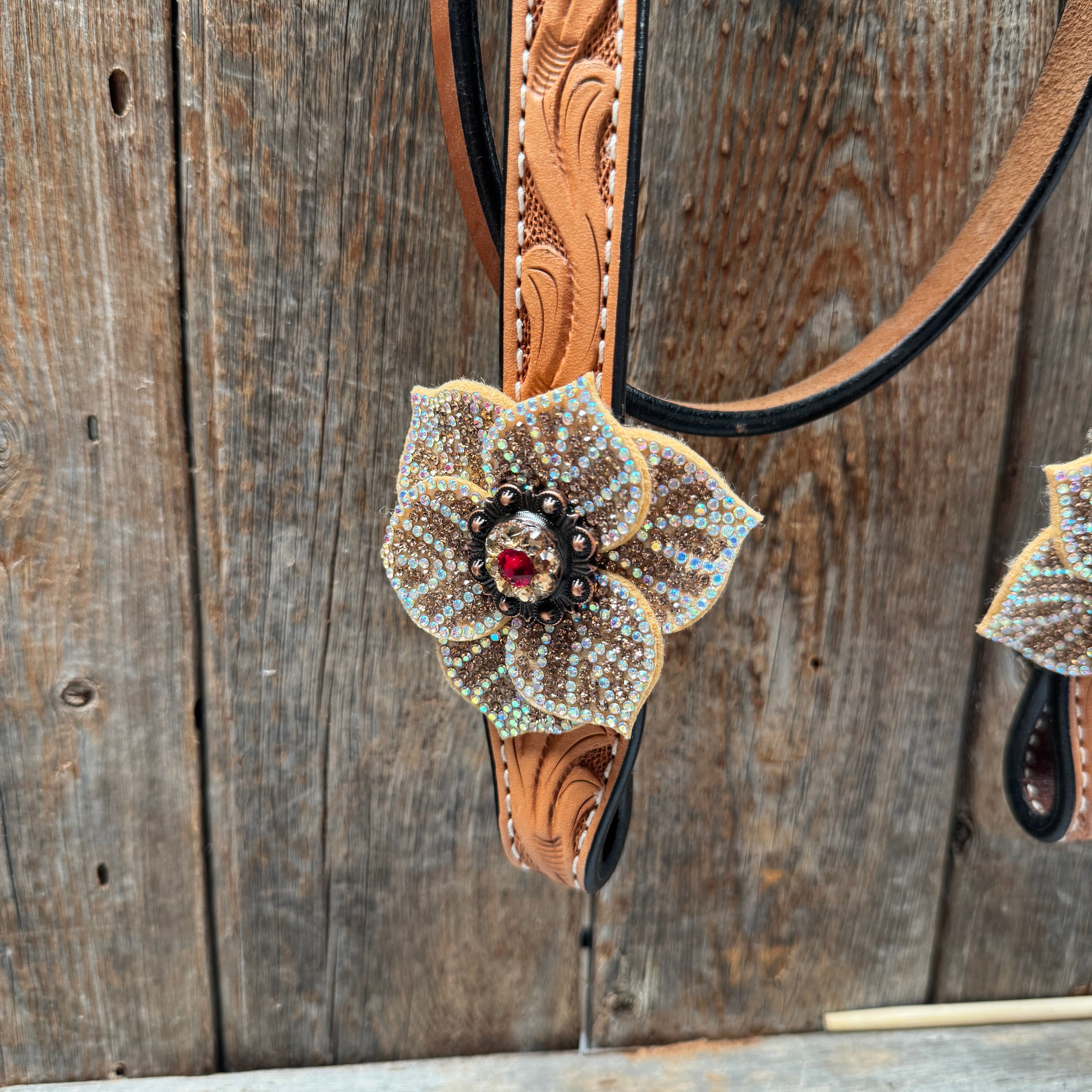 Light Oil Floral Tooled Ruby and Champagne Browband & Breastcollar Tack Set #BBBC461 — view 5