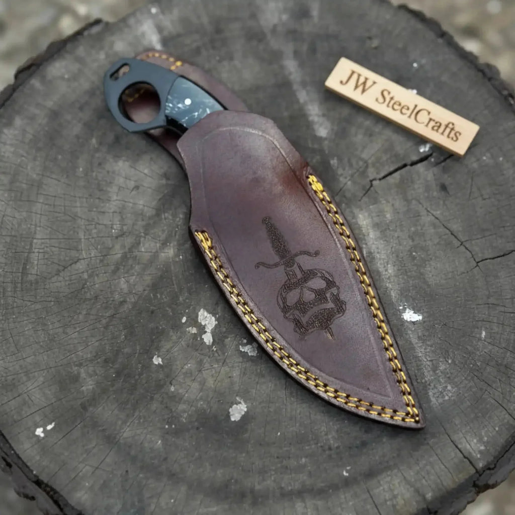 Handmade Compact Utility Ring Knife 8-Inch Skull-Etched Blade with Black Resin Handle