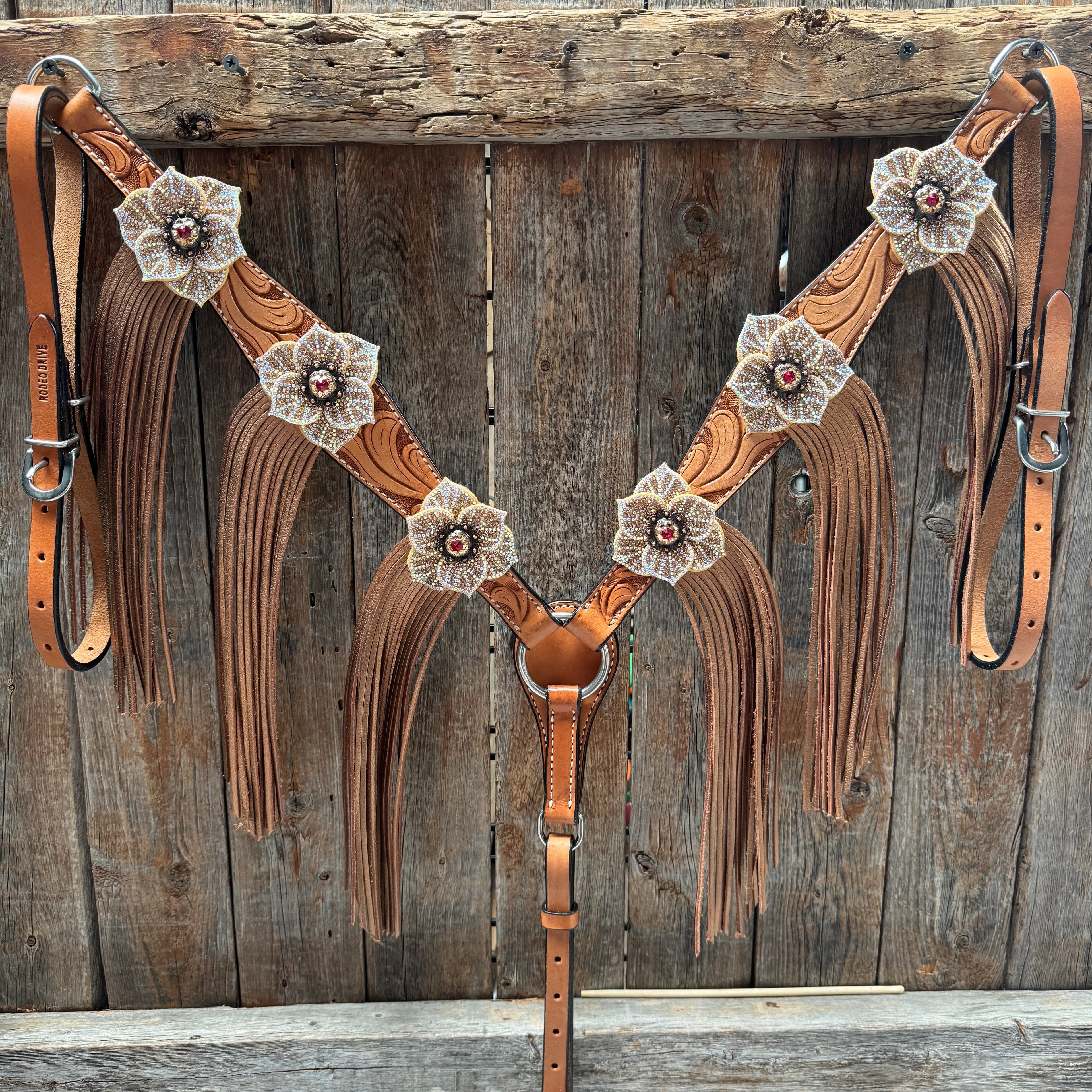 Light Oil Floral Tooled Ruby and Champagne Browband & Breastcollar Tack Set #BBBC461 — view 6