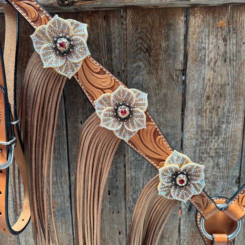 Light Oil Floral Tooled Ruby and Champagne Browband & Breastcollar Tack Set #BBBC461 — view 7