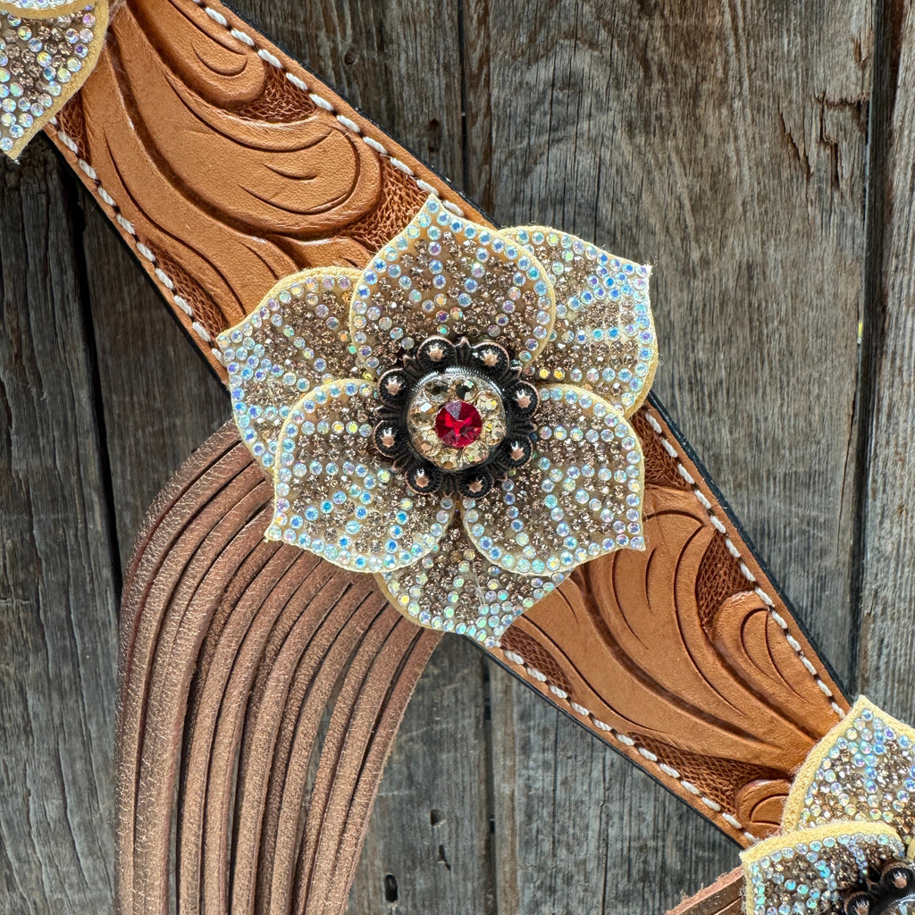 Light Oil Floral Tooled Ruby and Champagne Browband & Breastcollar Tack Set #BBBC461 — view 8