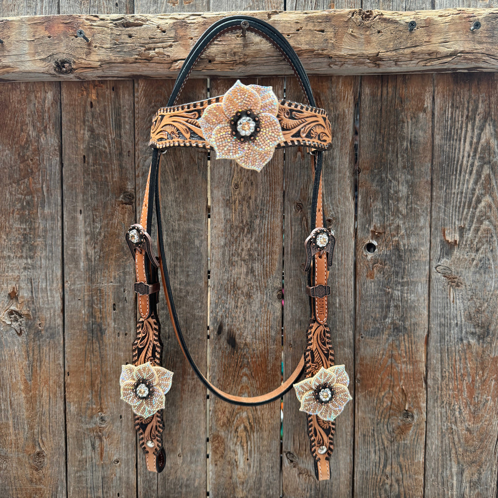 Floral Whipstitch Champagne and Clear Browband - Triangle / Gladiator Breastcollar Tack Set #BBBC462 — view 2