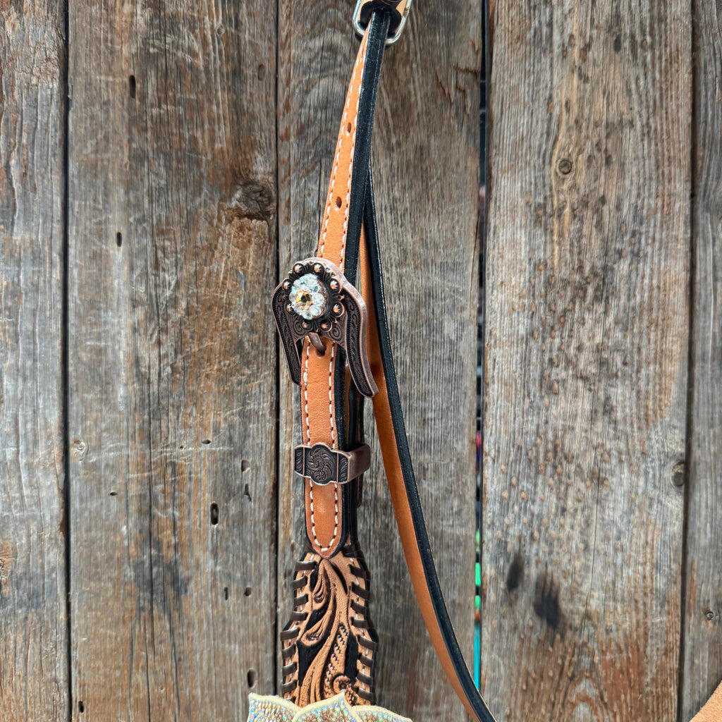 Floral Whipstitch Champagne and Clear Browband - Triangle / Gladiator Breastcollar Tack Set #BBBC462 — view 4