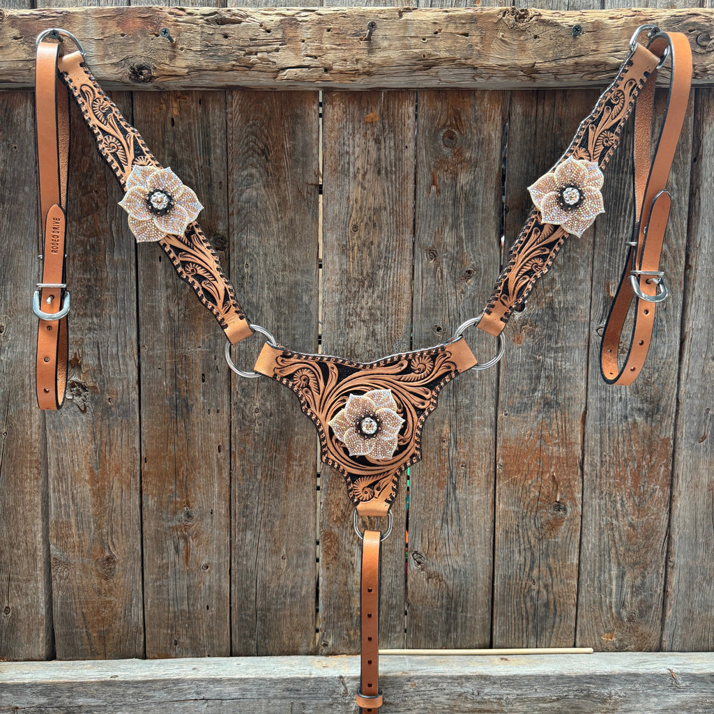 Floral Whipstitch Champagne and Clear Browband - Triangle / Gladiator Breastcollar Tack Set #BBBC462 — view 6