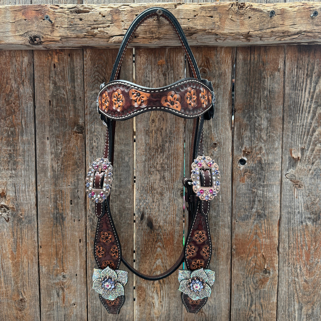 Flower Power Fuchsia, AB and Lilac Browband Headstall & Breastcollar Tack Set #BBBC466 — view 2
