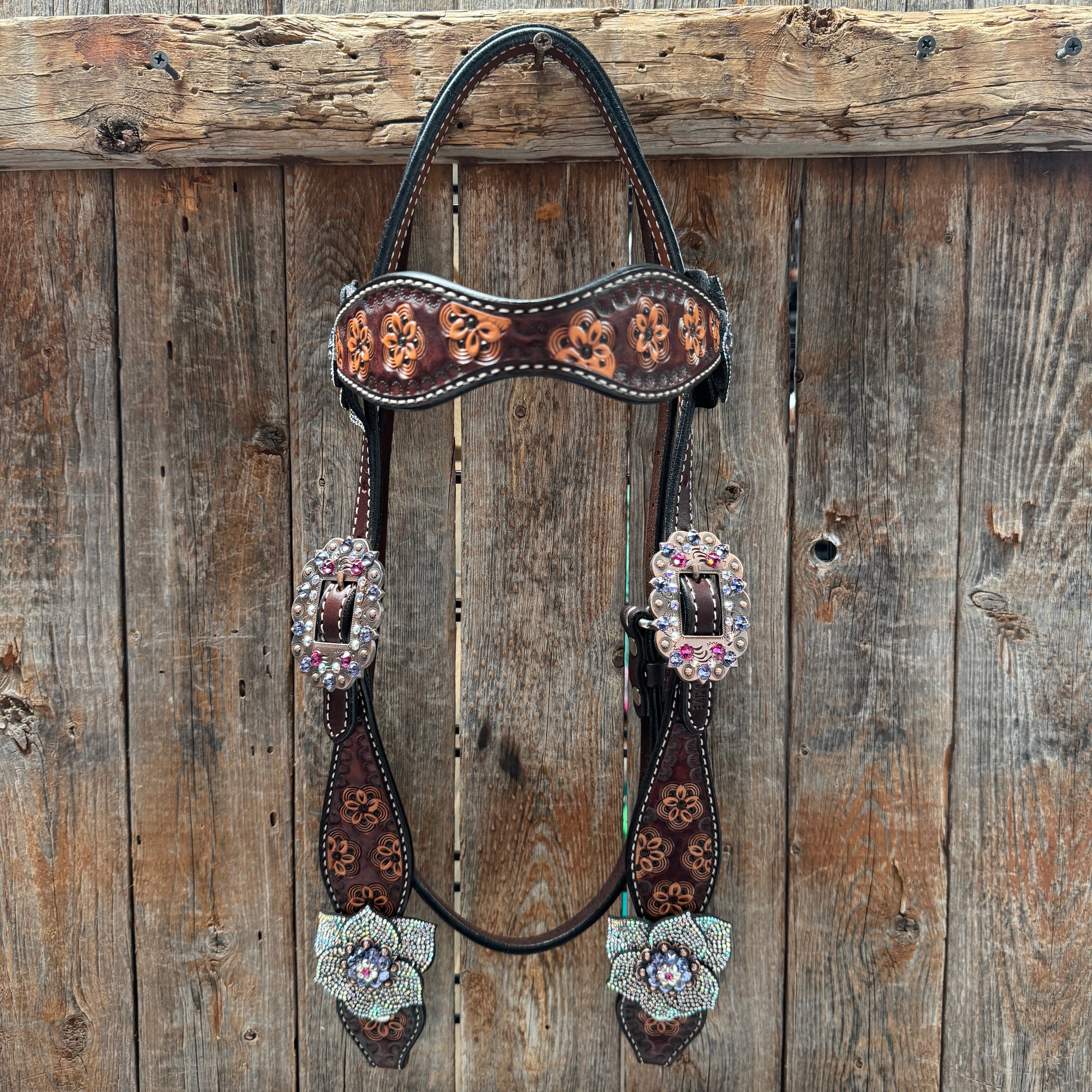 Flower Power Fuchsia, AB and Lilac Browband Headstall & Breastcollar Tack Set #BBBC466 — view 2