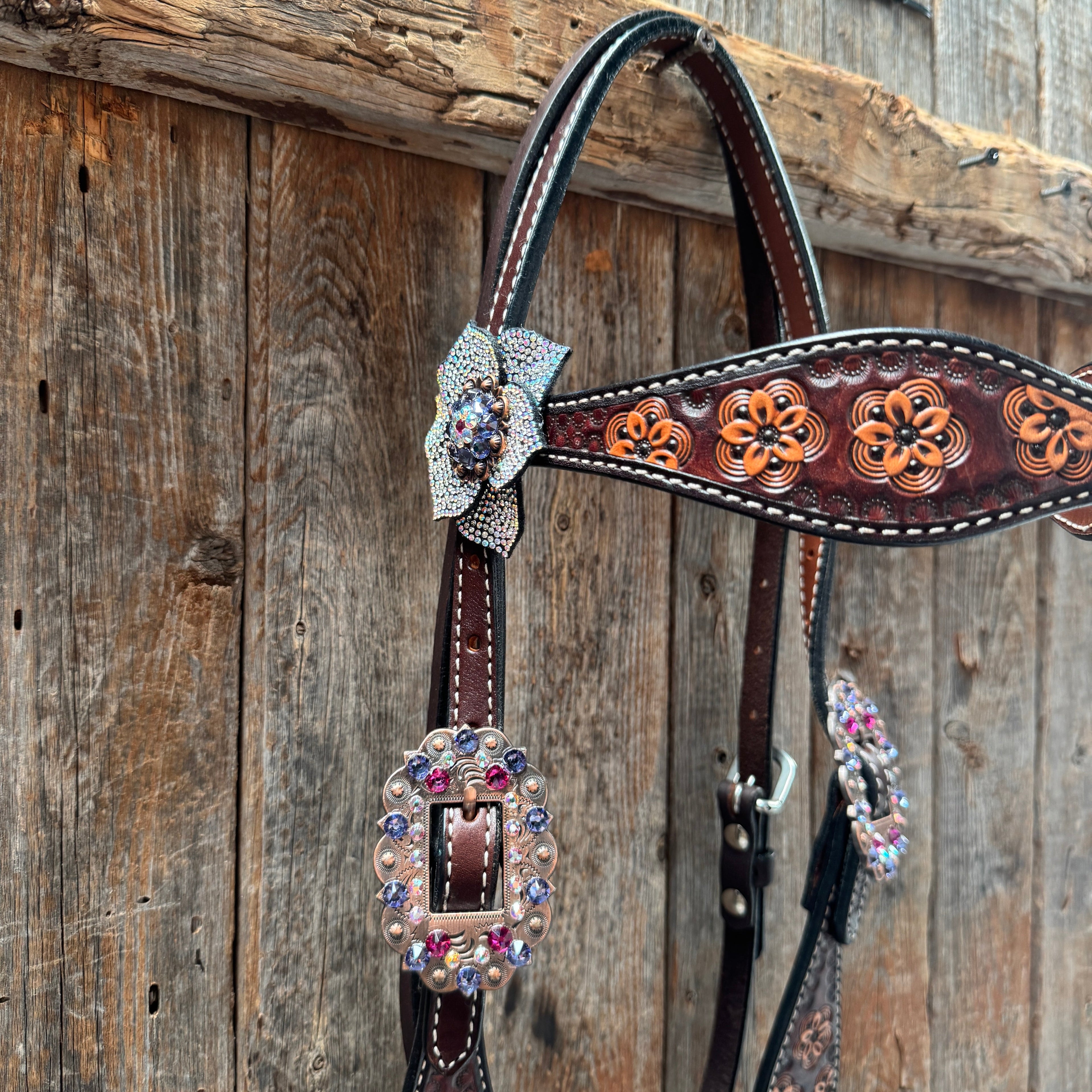 Flower Power Fuchsia, AB and Lilac Browband Headstall & Breastcollar Tack Set #BBBC466 — view 3