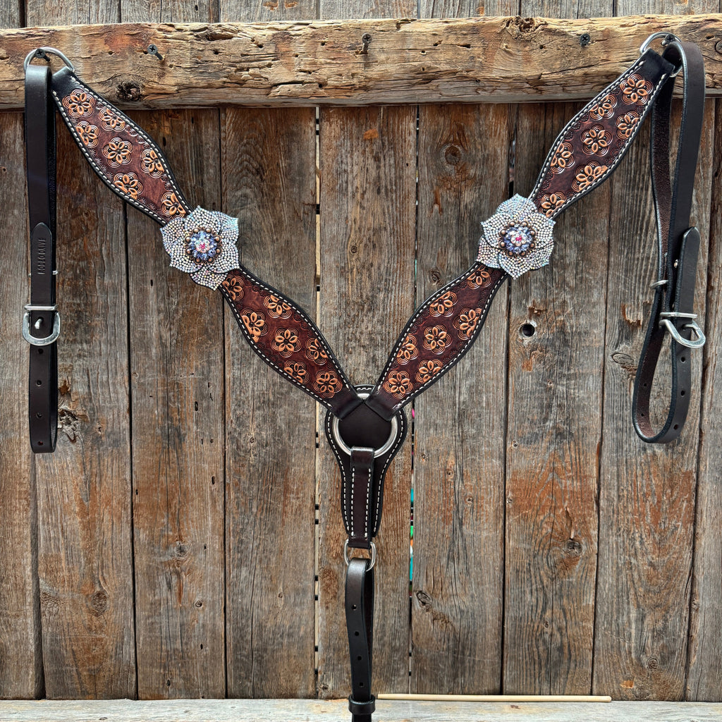 Flower Power Fuchsia, AB and Lilac Browband Headstall & Breastcollar Tack Set #BBBC466 — view 5