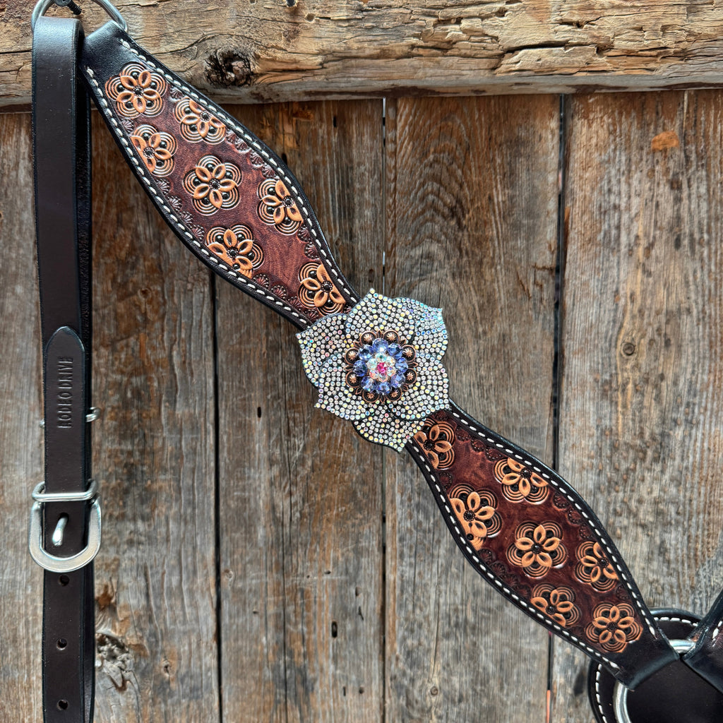 Flower Power Fuchsia, AB and Lilac Browband Headstall & Breastcollar Tack Set #BBBC466 — view 6