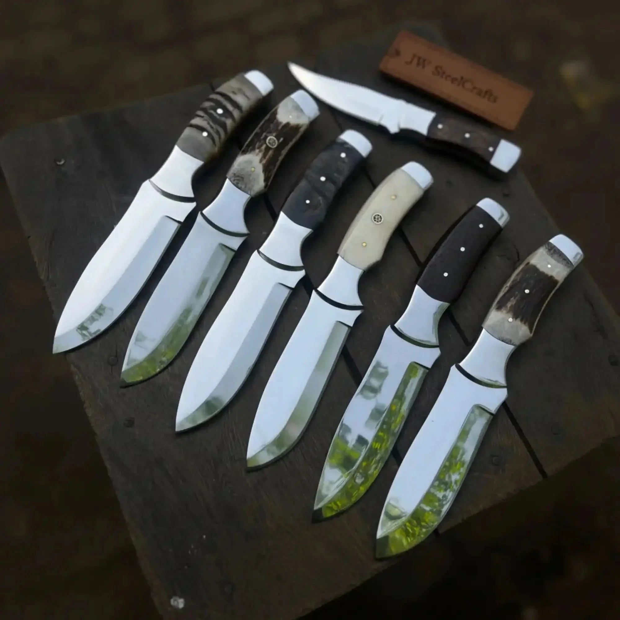 Handmade Bushcraft Knife Set of 7-Piece Full Tang Set with Horn, Bone & Wengi Wood Handles