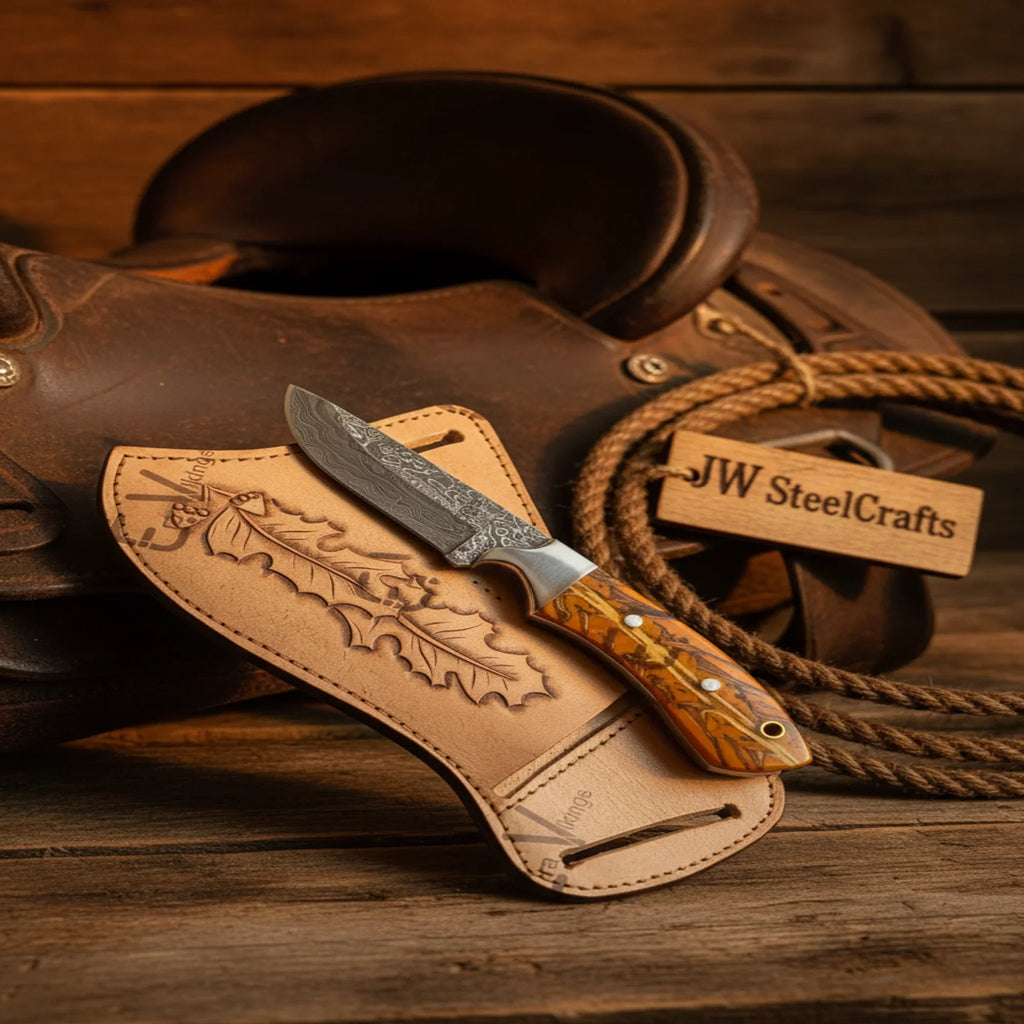 Handmade Damascus Cowboy Knife 8" Yellow Pinecone Handle Steel Bolster