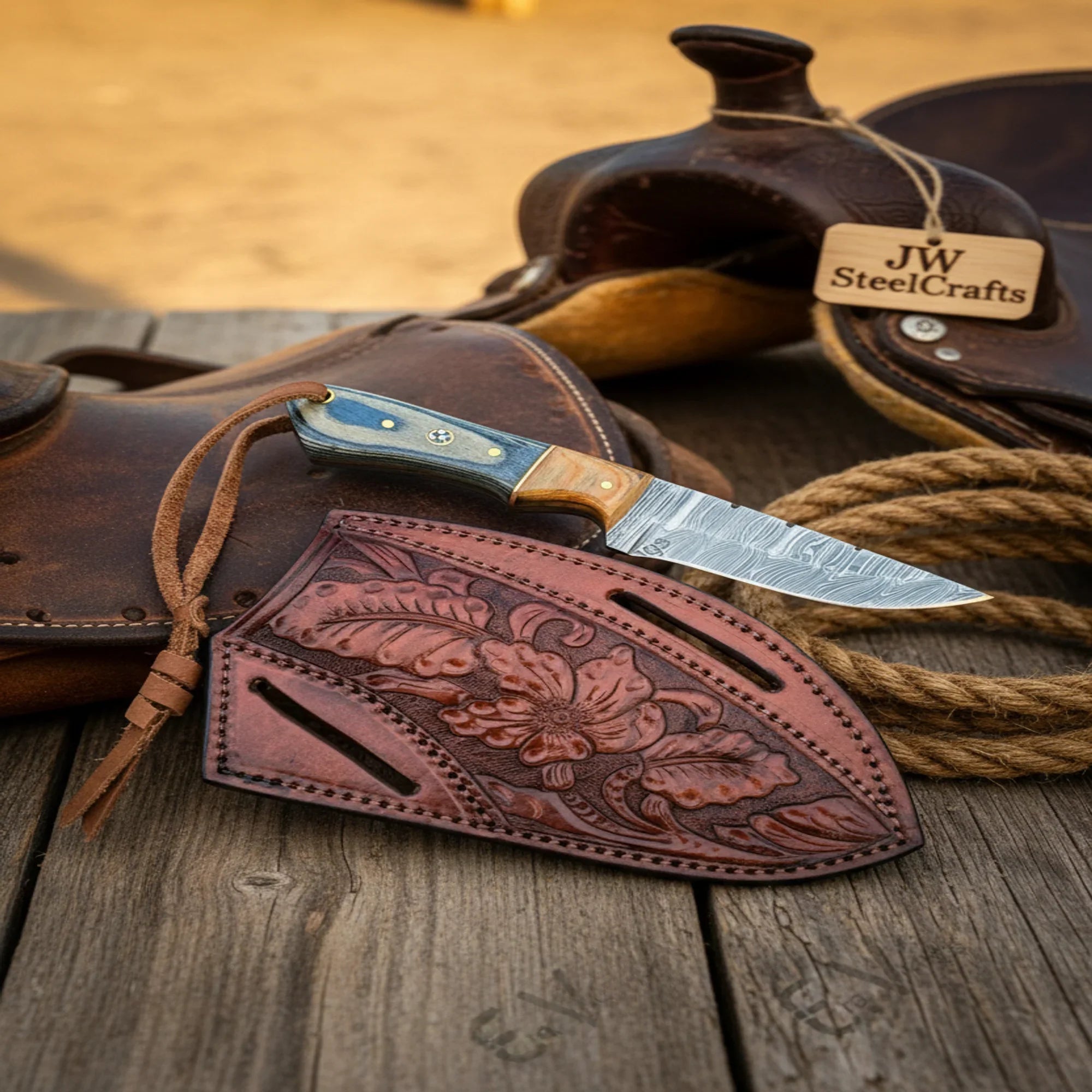 Handmade Damascus Cowboy Knife – 7 Inch Colored Wood