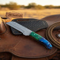 Damascus Straight Edge Cowboy Cleaver Knife 8" Green Blue Resin Handle Full Tang Pancake Sheath