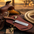 Damascus Bull Cutter Knife with Rosewood Handle and Bull Skull Charm