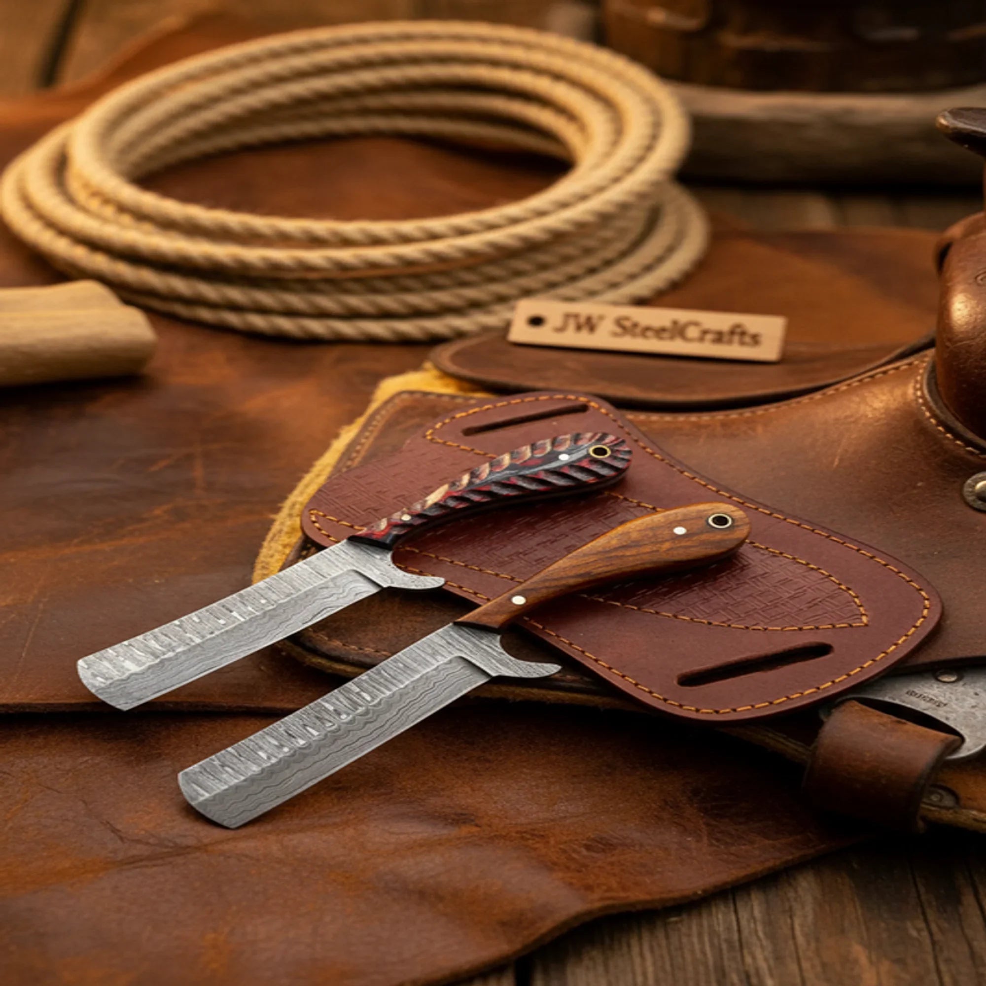 Handmade Damascus Bull Cutter Knife Set 7" Natural Wood Handle Cowboy Knives