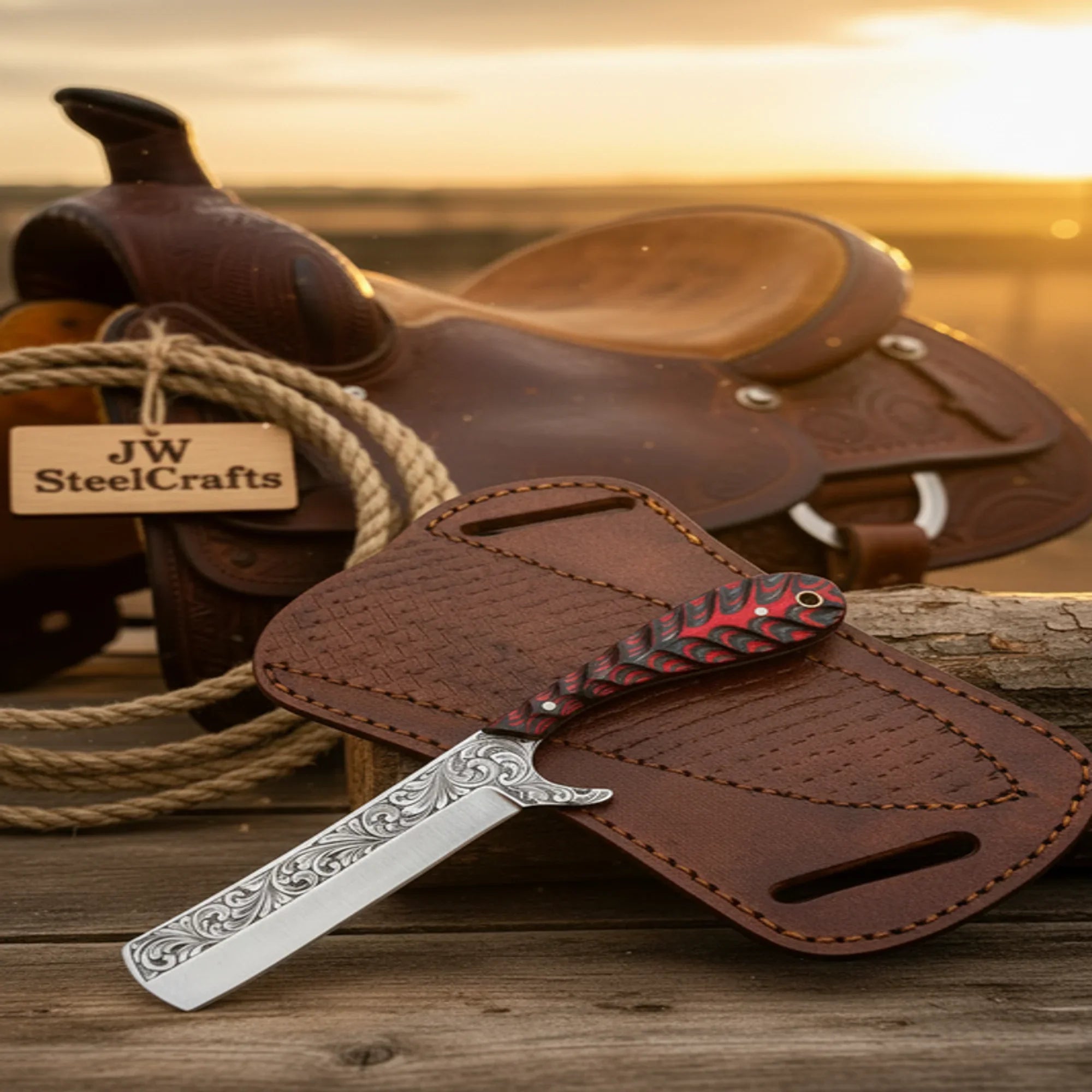 Engraved Back Bull Cutter Knife with Colored Wood Handle