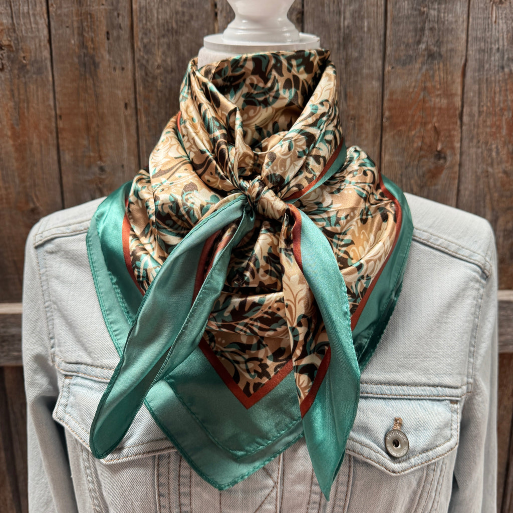 Emerald and Tan Floral Wild Rag - Western Scarf