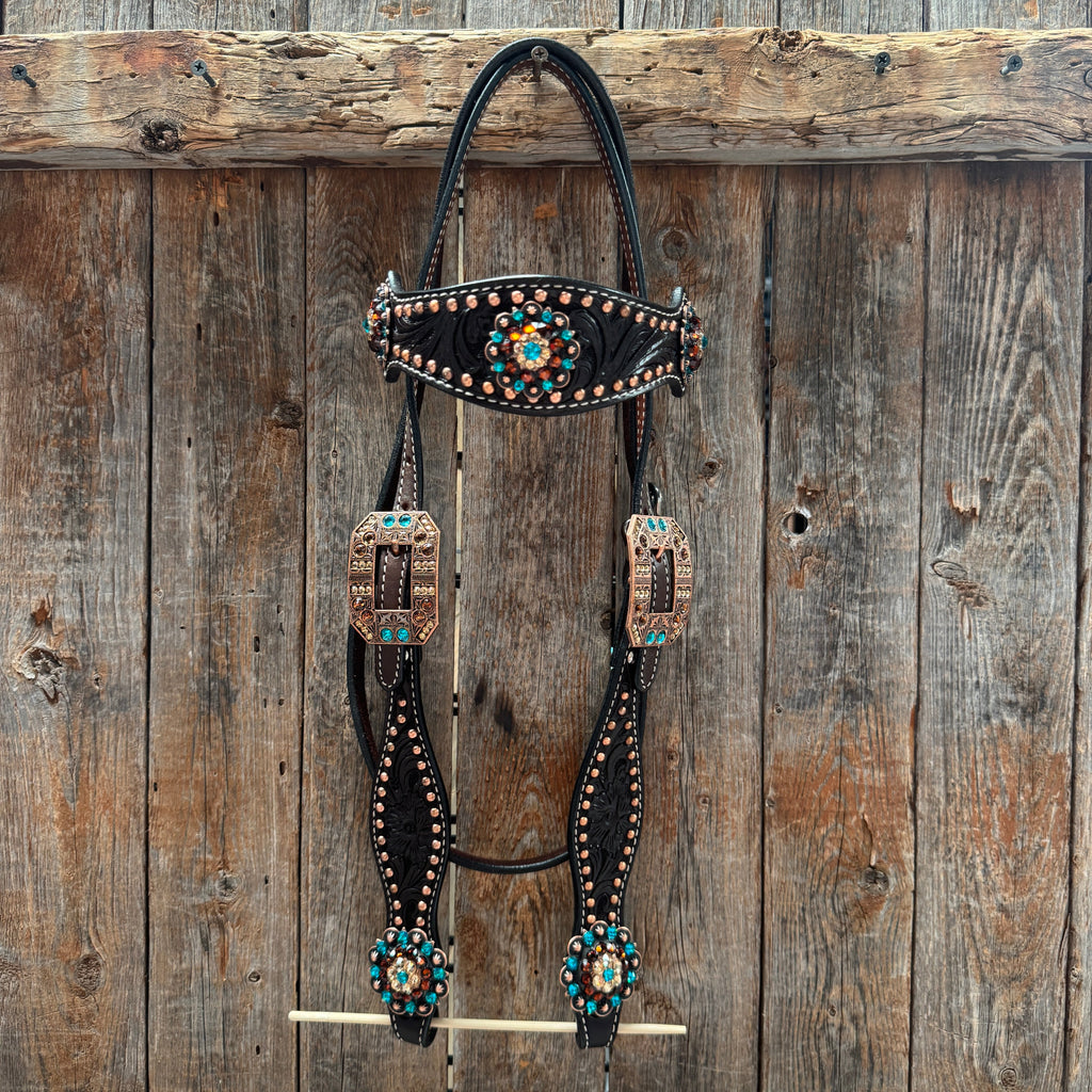 Dark Oil Floral Copper Dot Teal and Champagne Browband / Breastcollar Tack Set #BBBC473 — view 2