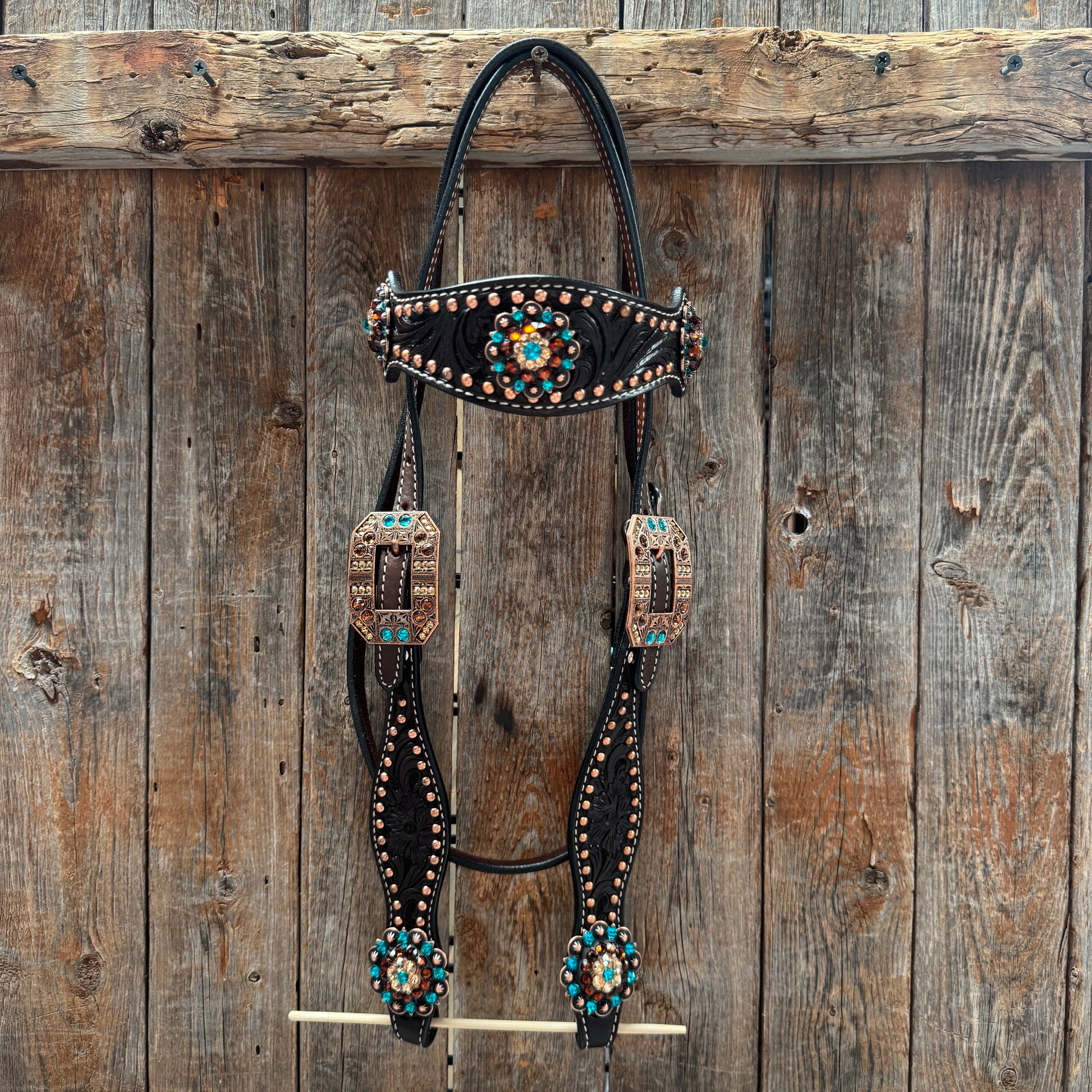 Dark Oil Floral Copper Dot Teal and Champagne Browband / Breastcollar Tack Set #BBBC473 — view 2