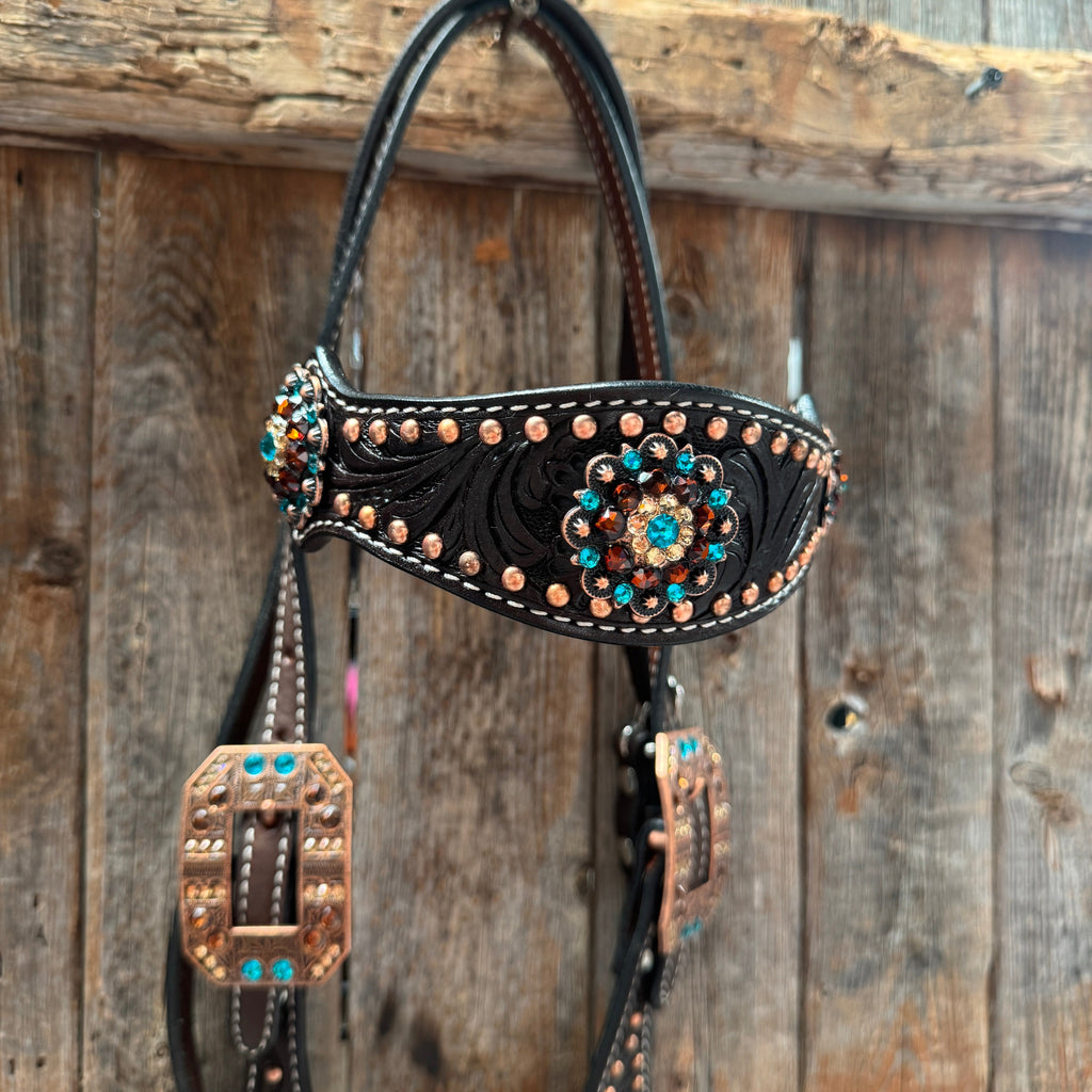 Dark Oil Floral Copper Dot Teal and Champagne Browband / Breastcollar Tack Set #BBBC473 — view 3