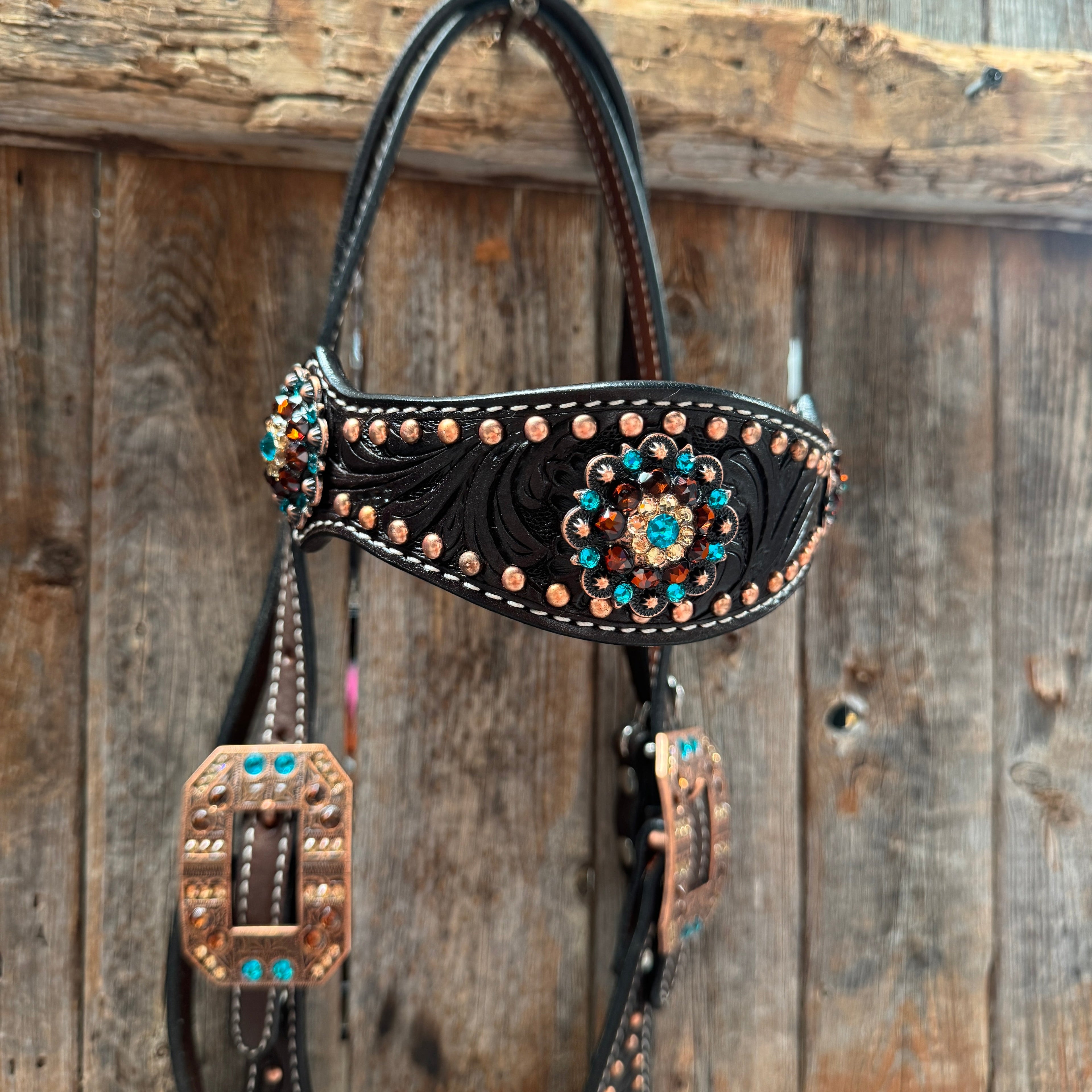 Dark Oil Floral Copper Dot Teal and Champagne Browband / Breastcollar Tack Set #BBBC473 — view 3