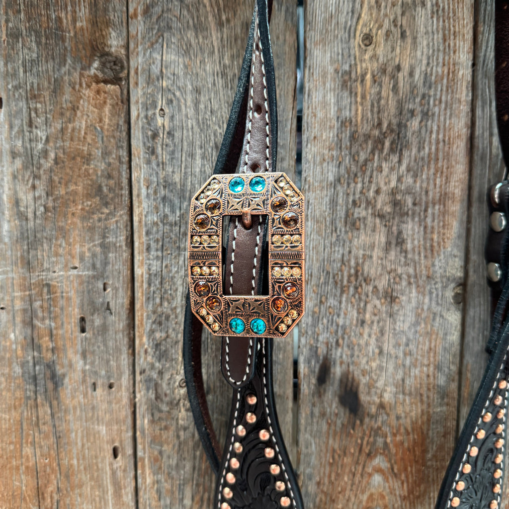 Dark Oil Floral Copper Dot Teal and Champagne Browband / Breastcollar Tack Set #BBBC473 — view 4