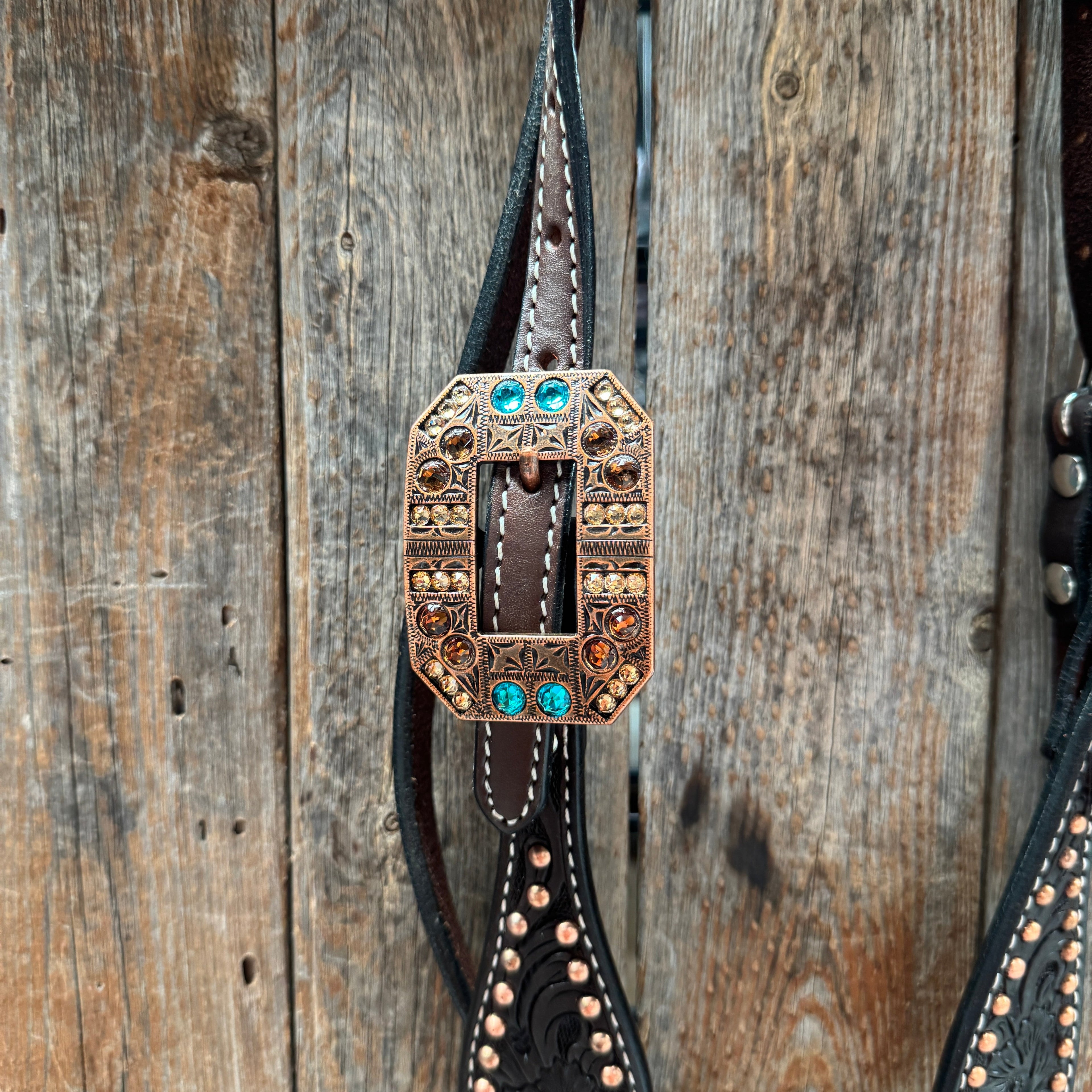 Dark Oil Floral Copper Dot Teal and Champagne Browband / Breastcollar Tack Set #BBBC473 — view 4