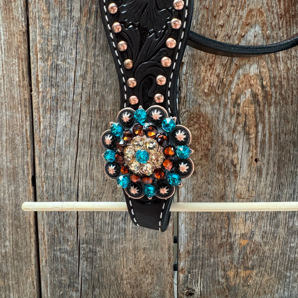 Dark Oil Floral Copper Dot Teal and Champagne Browband / Breastcollar Tack Set #BBBC473 — view 5
