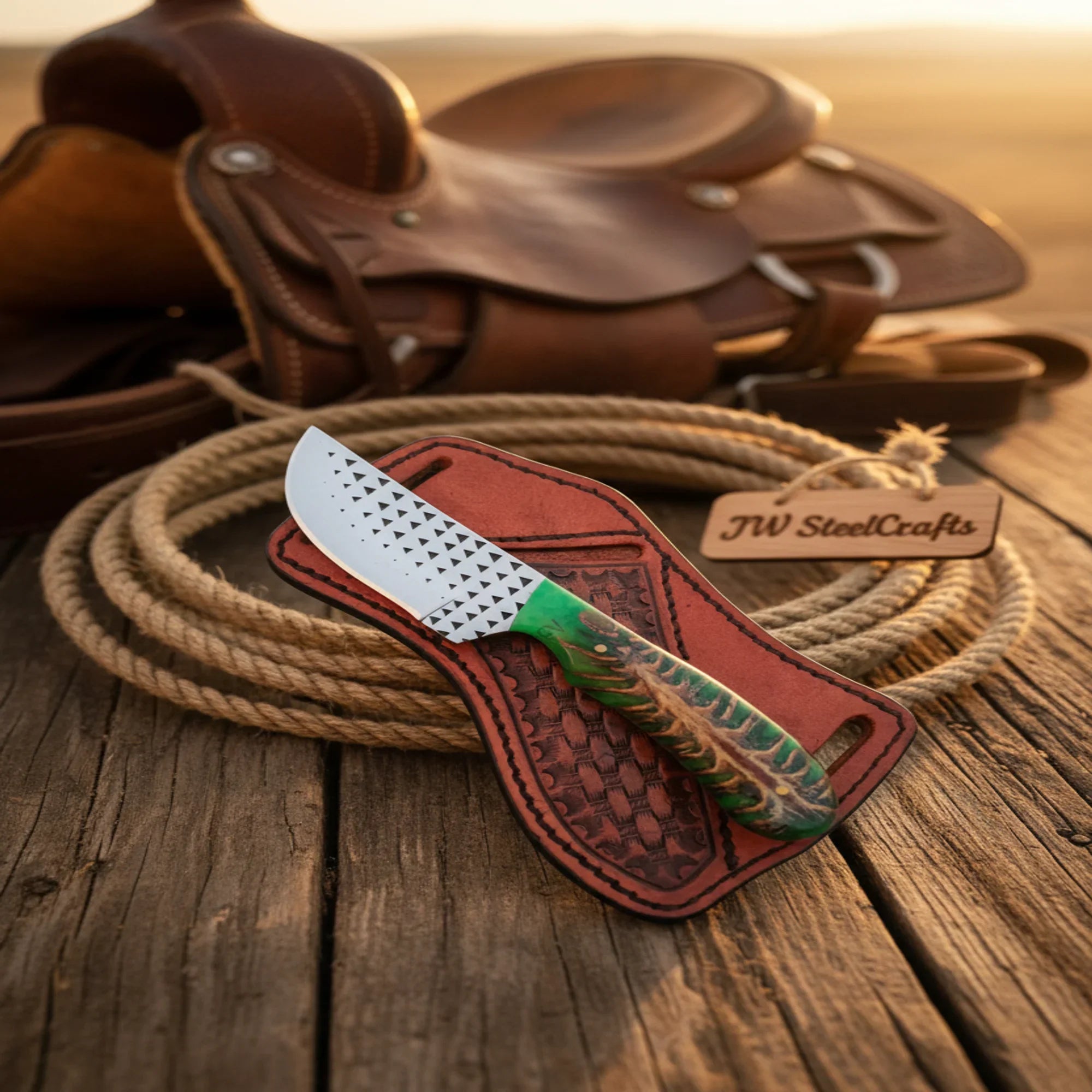 Rasp Steel Cowboy Knife with Green Pinecone Resin Handle and Full Tang Blade