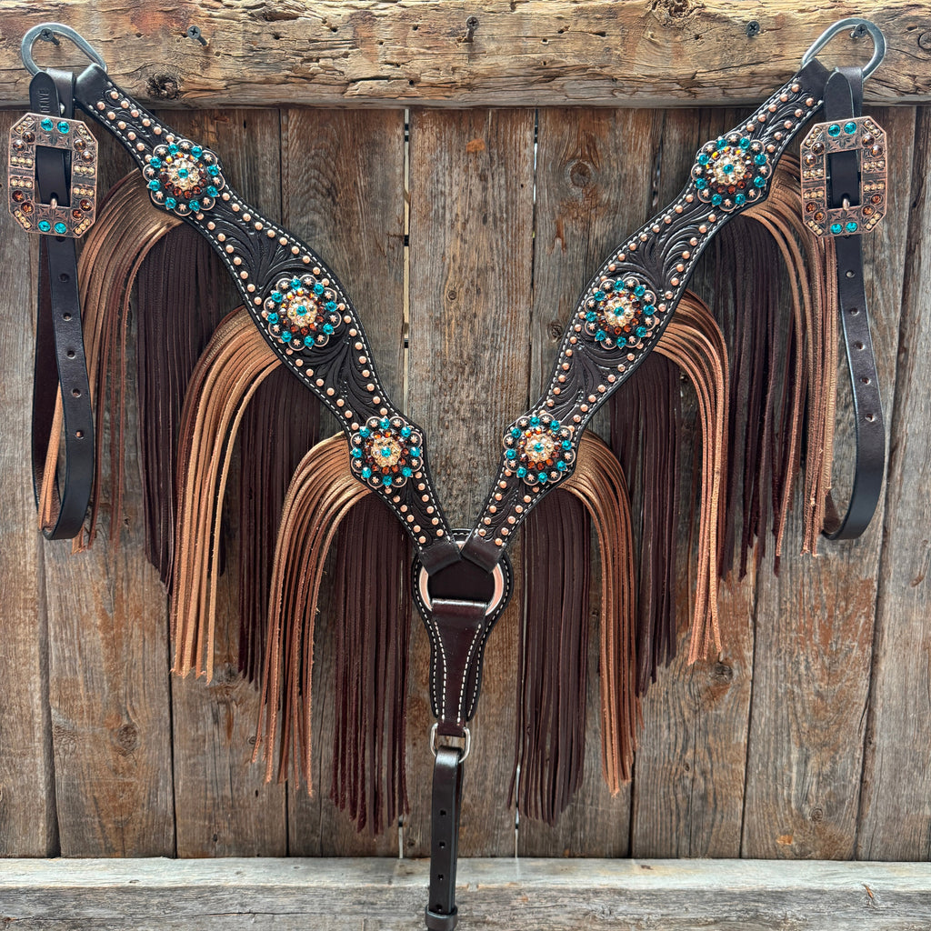 Dark Oil Floral Copper Dot Teal and Champagne Browband / Breastcollar Tack Set #BBBC473 — view 6